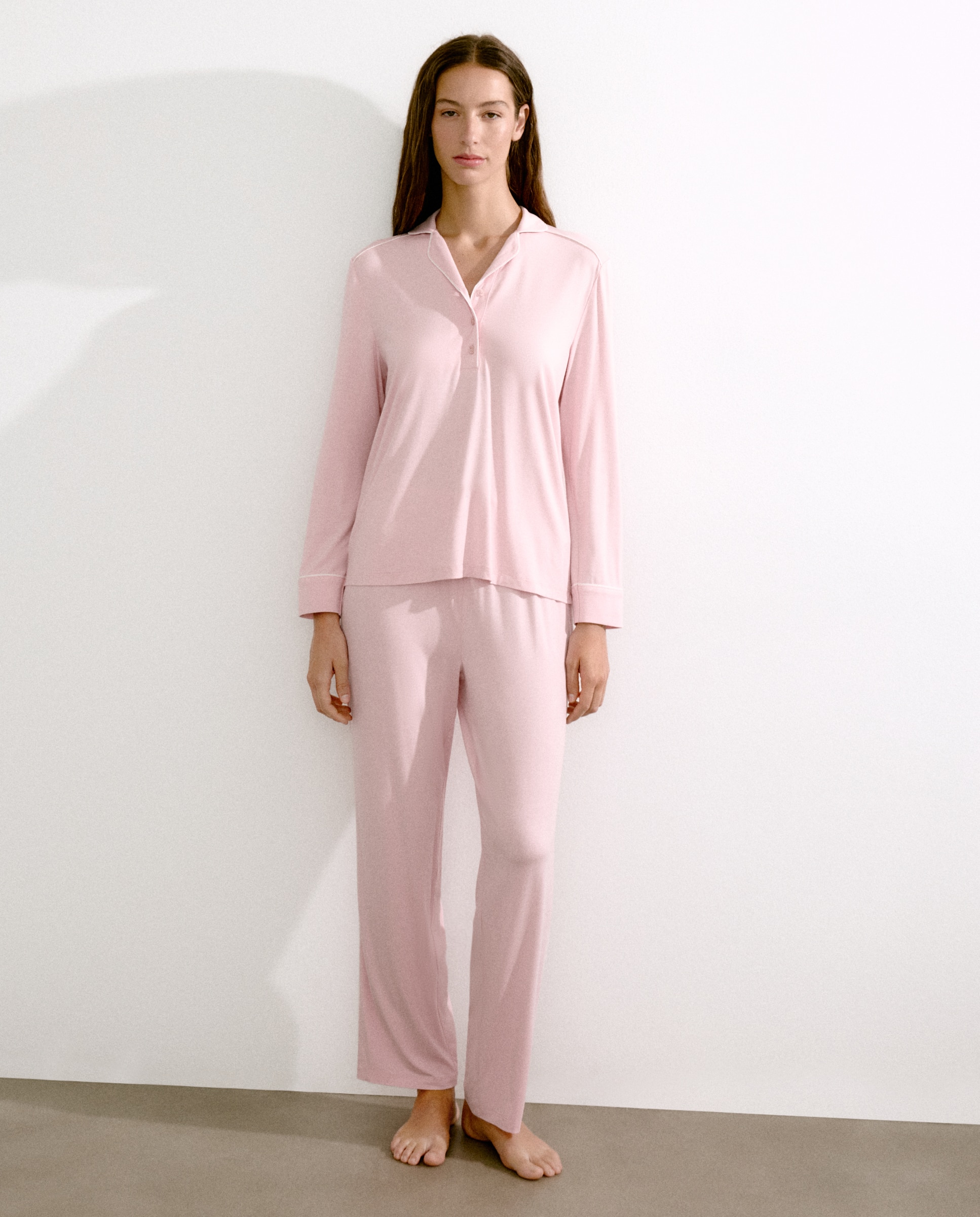 Pijama Camiseiro com Detalhe nas Mangas Rosa-claro-1