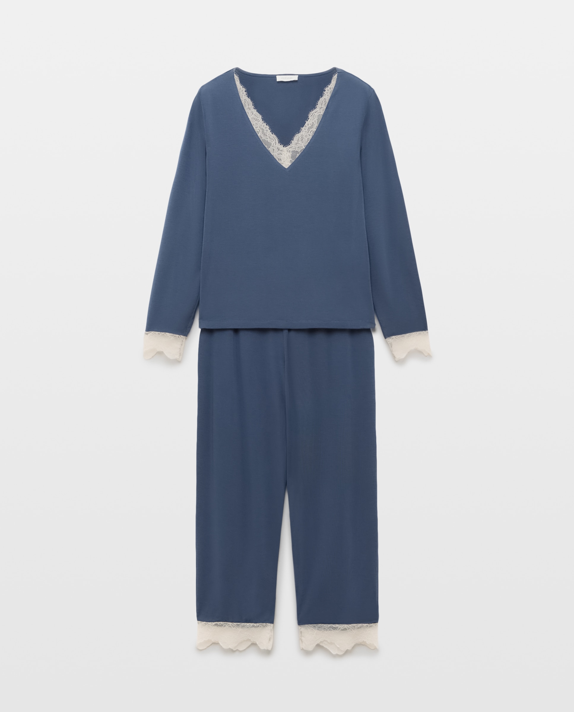 Pijama com Detalhes na Gola Azul Tinta-4