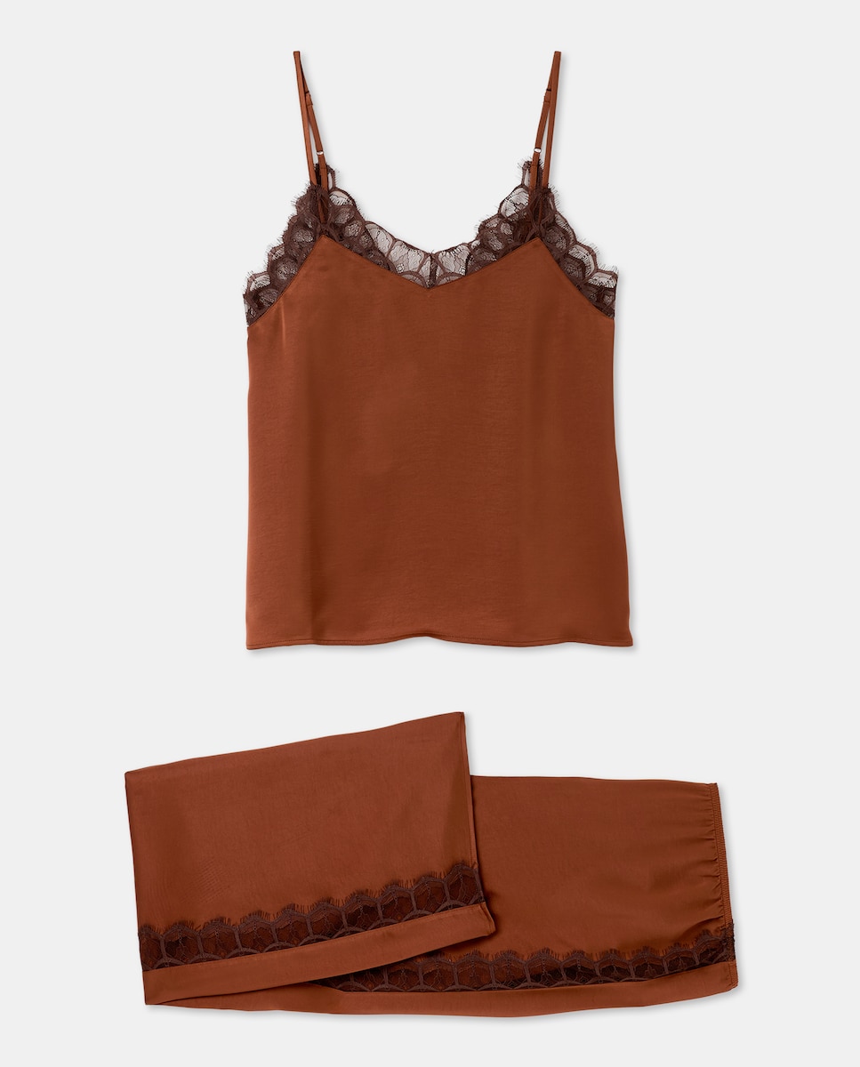 Pijama Acetinado com Alças Castanho-4