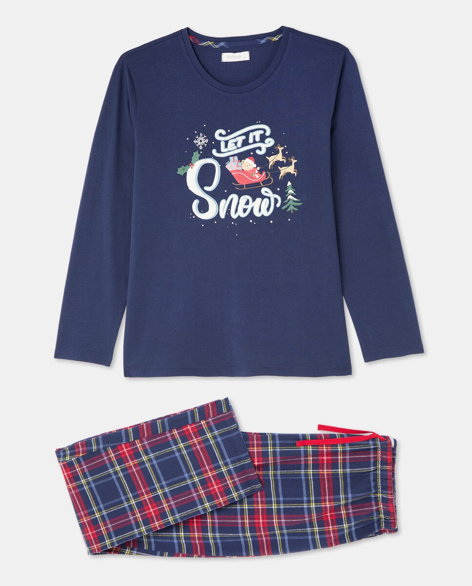 Pijama Natalício com T-shirt "Let It Snow" Azul-marinho-4