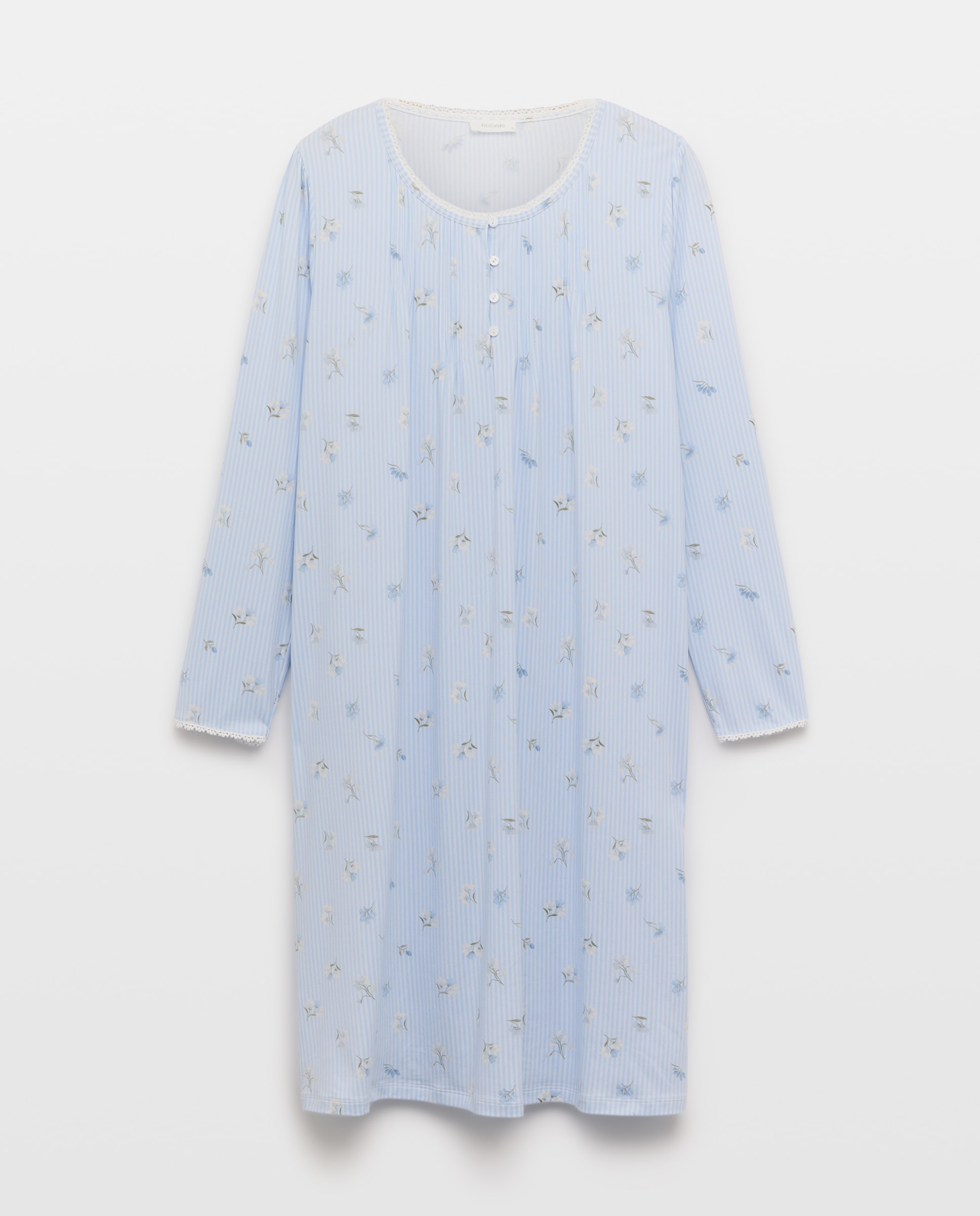 Camisa de Dormir com Decote em Bico e Detalhes Florais 410 Azul Claro-3