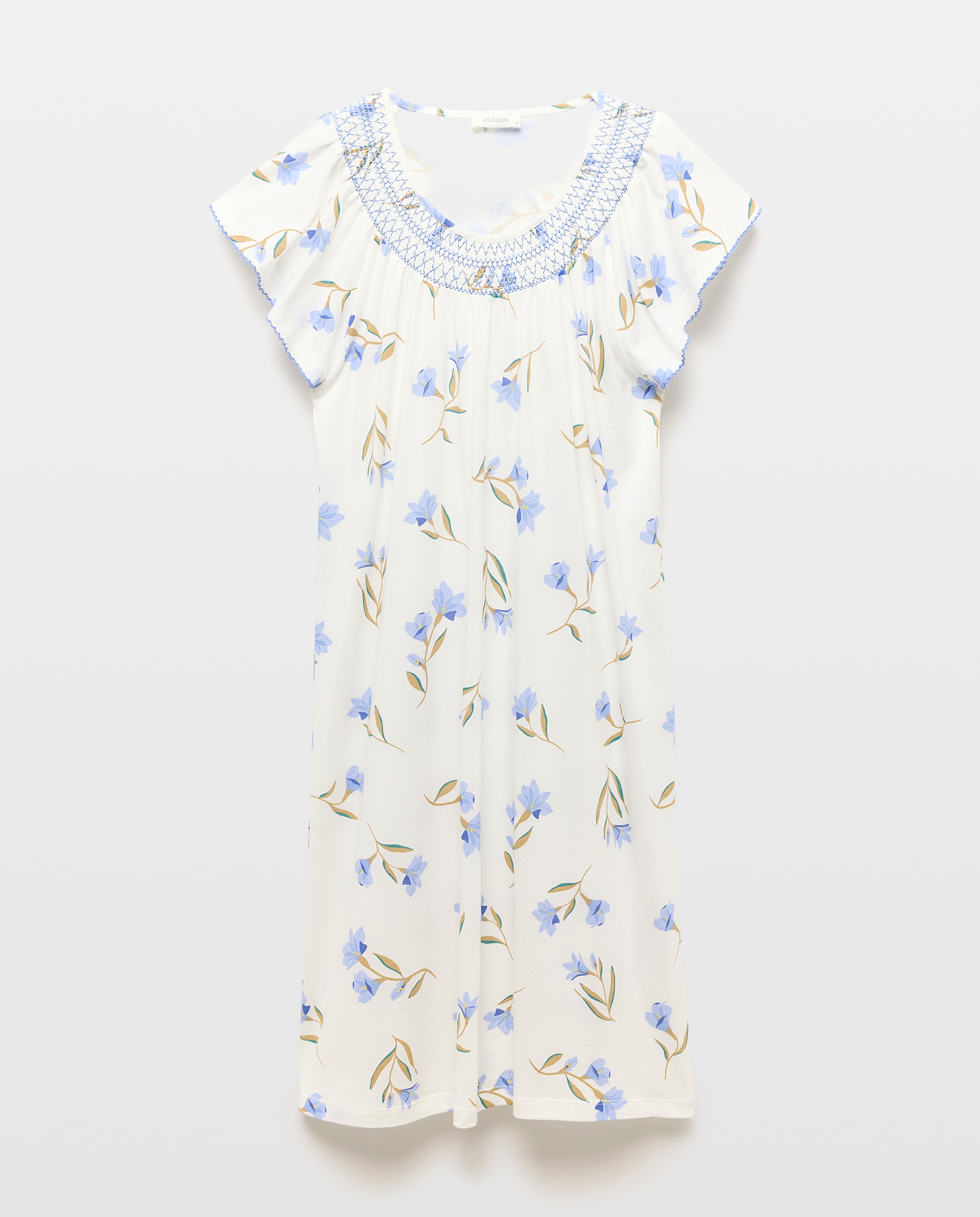Camisa de Dormir com Decote Redondo e Malha Smock Estampada Branco-4
