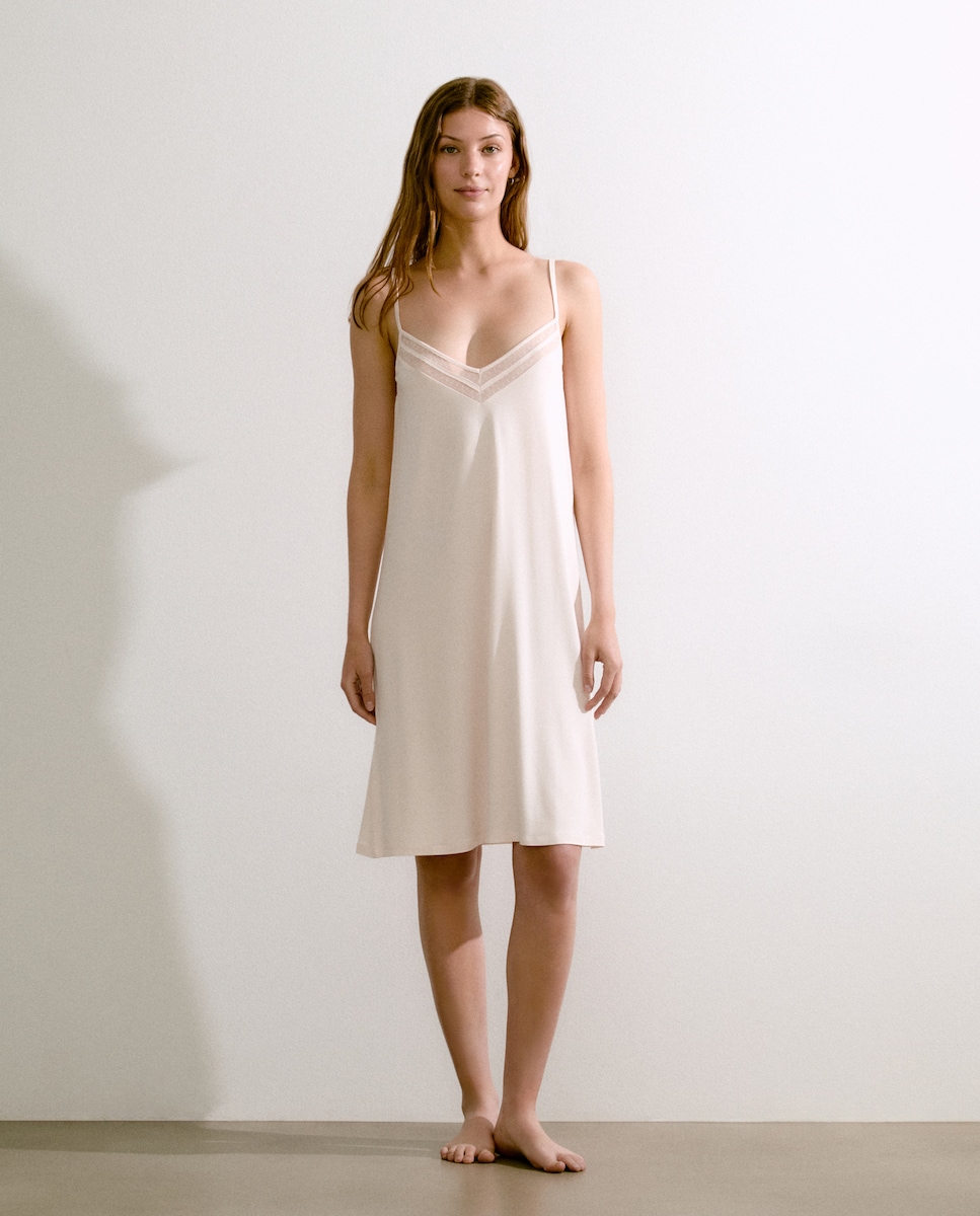 Camisa de Dormir pelo Joelho com Alças 120 Cru-1