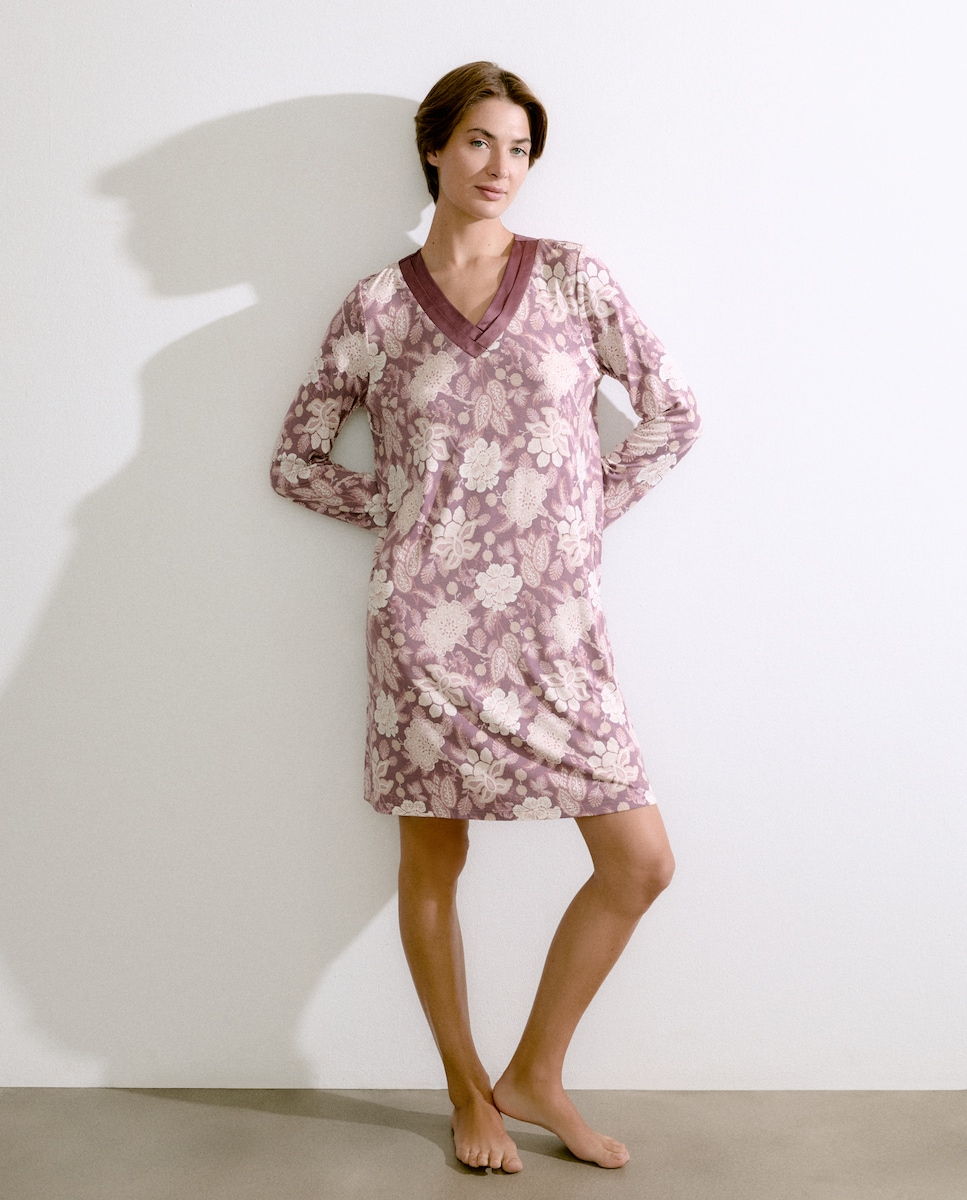 Camisa de Dormir com Estampado Floral e Manga Comprida Rosa-1