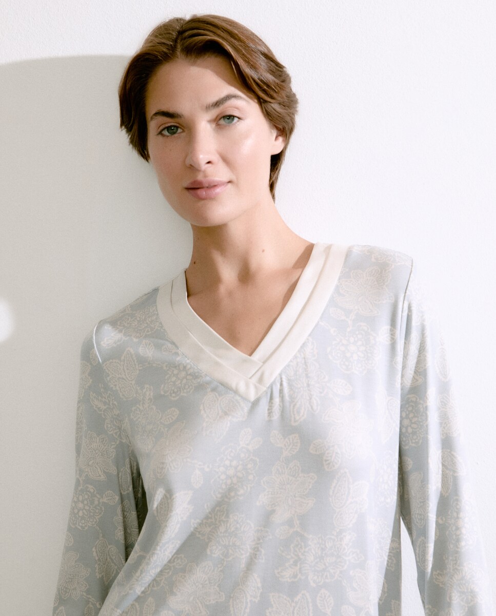 Camisa de Dormir Estampada com Decote em Bico Branco-2