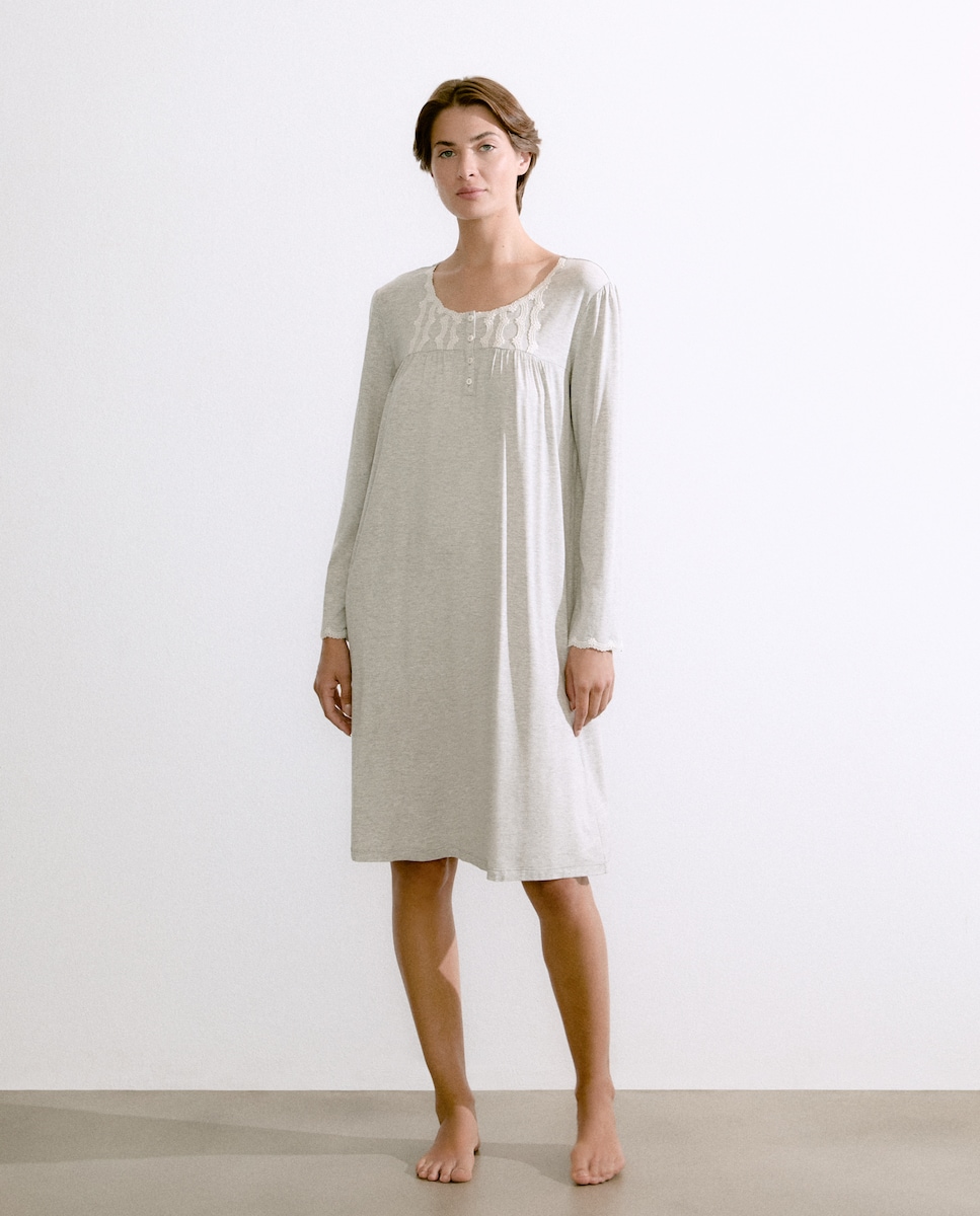 Camisa de Dormir Lisa de Algodão Cinzento-claro-1