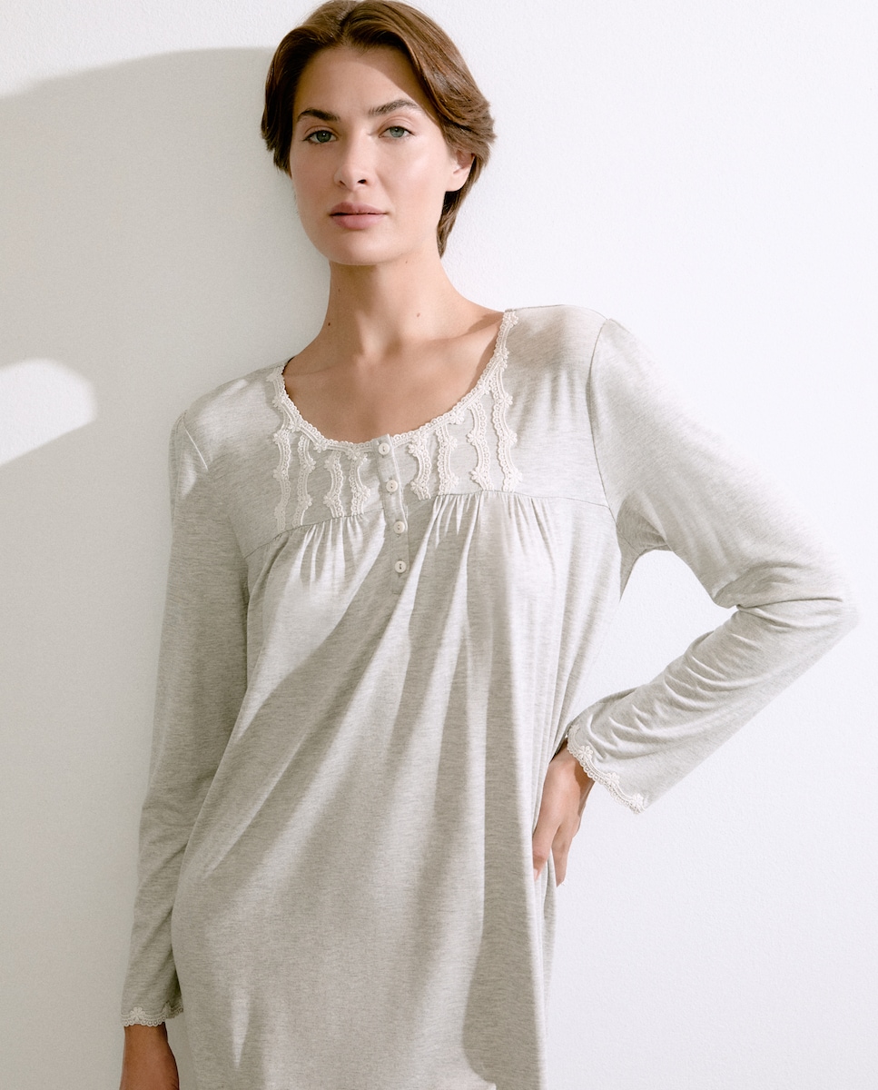 Camisa de Dormir Lisa de Algodão Cinzento-claro-2