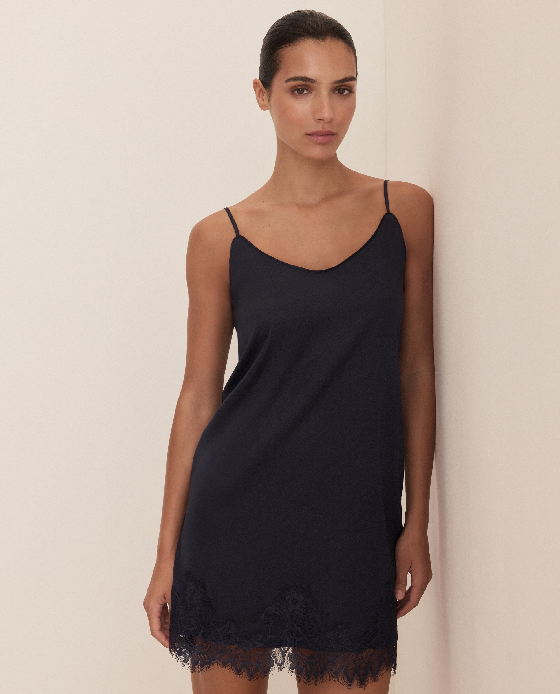 Camisón tirantes de mujer en satén con inserciones de encaje - Énfasis - 430 Azul oscuro 430 Azul oscuro-1
