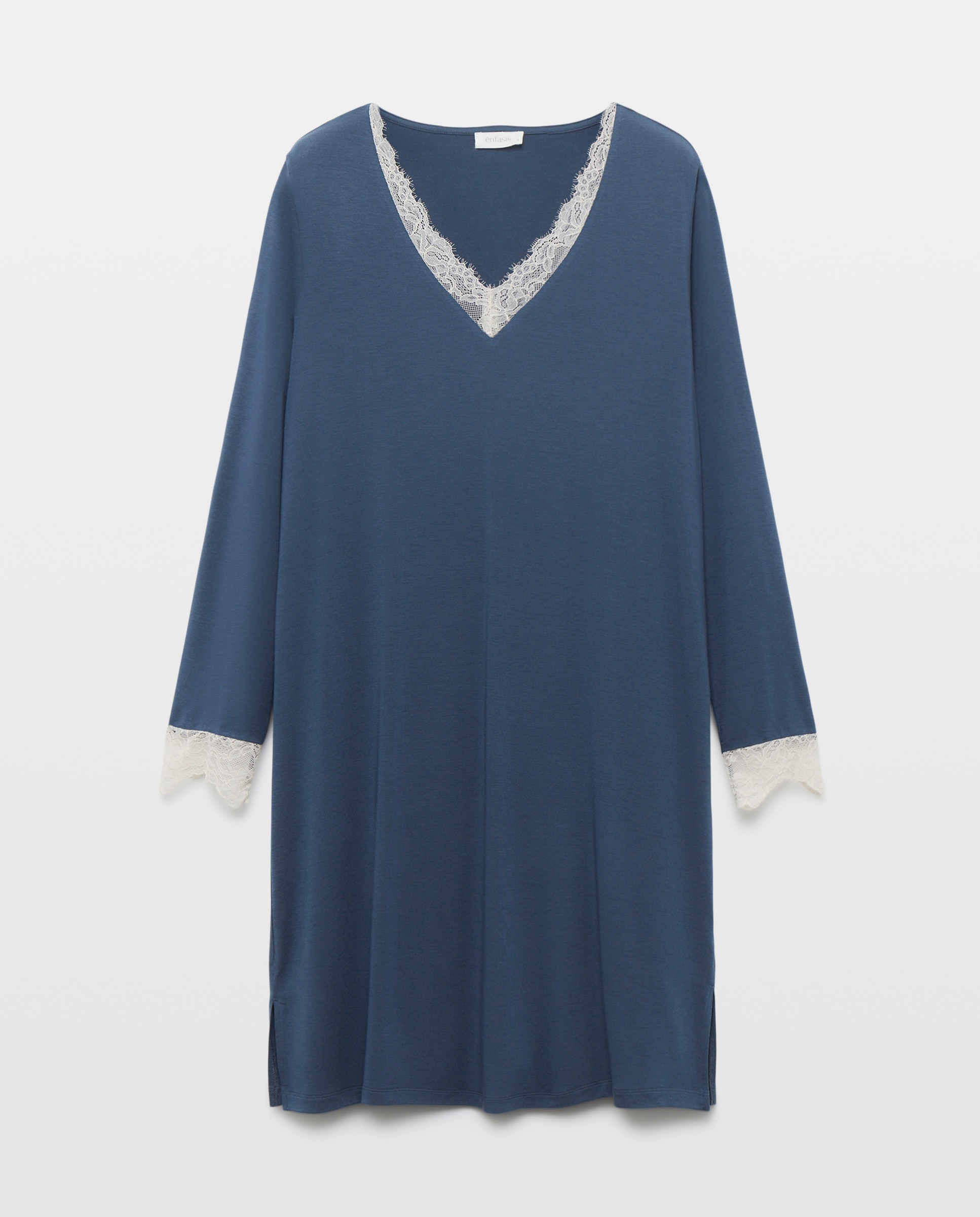 Camisa de Dormir com Detalhes na Gola Azul Tinta-3