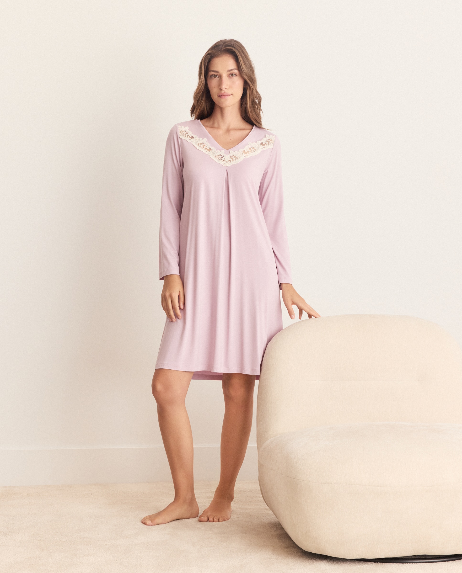 Camisón liso encaje escote - Énfasis - Azul Azul-1