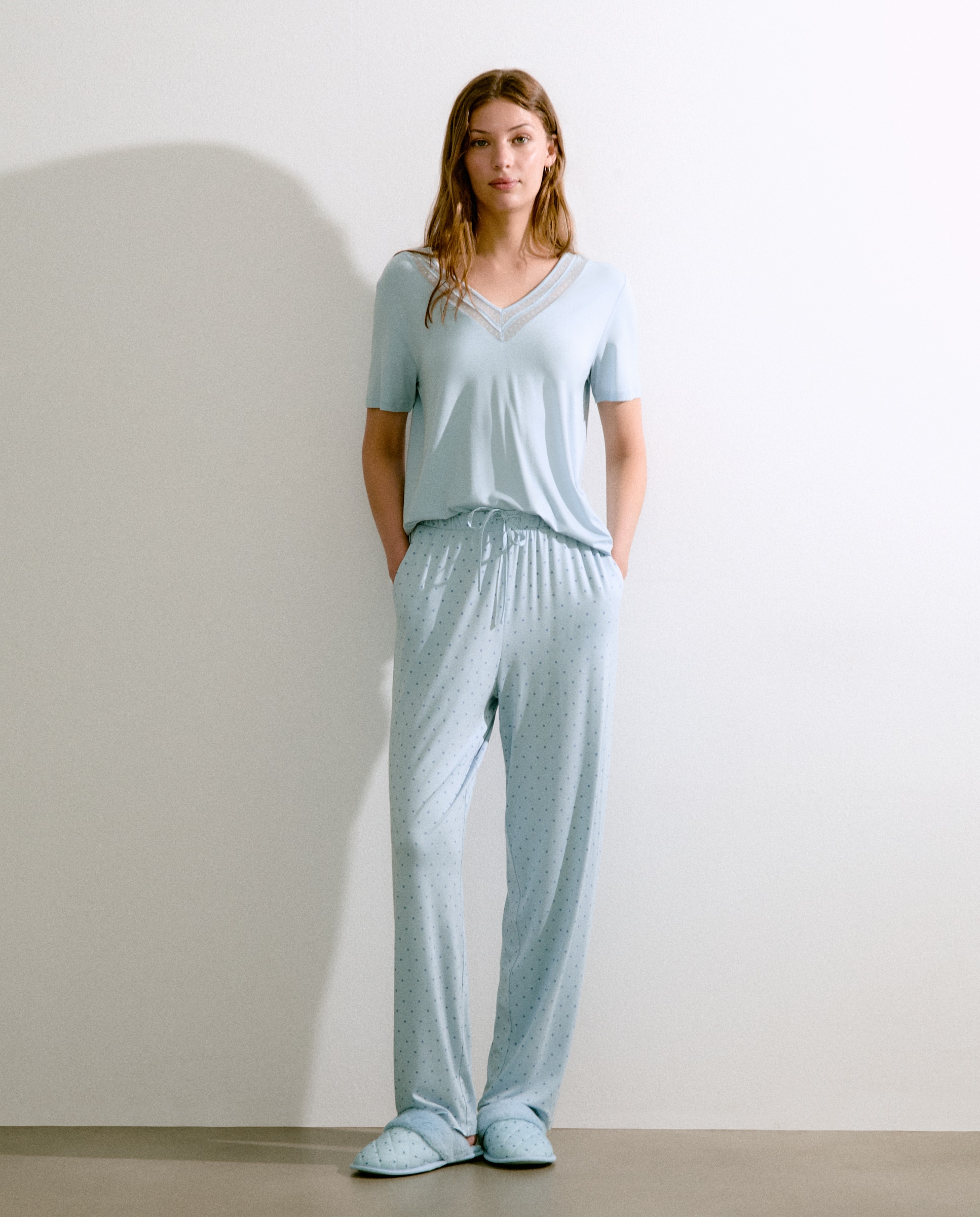 Calças Regular de Pijama às Bolinhas Cerúleo-1