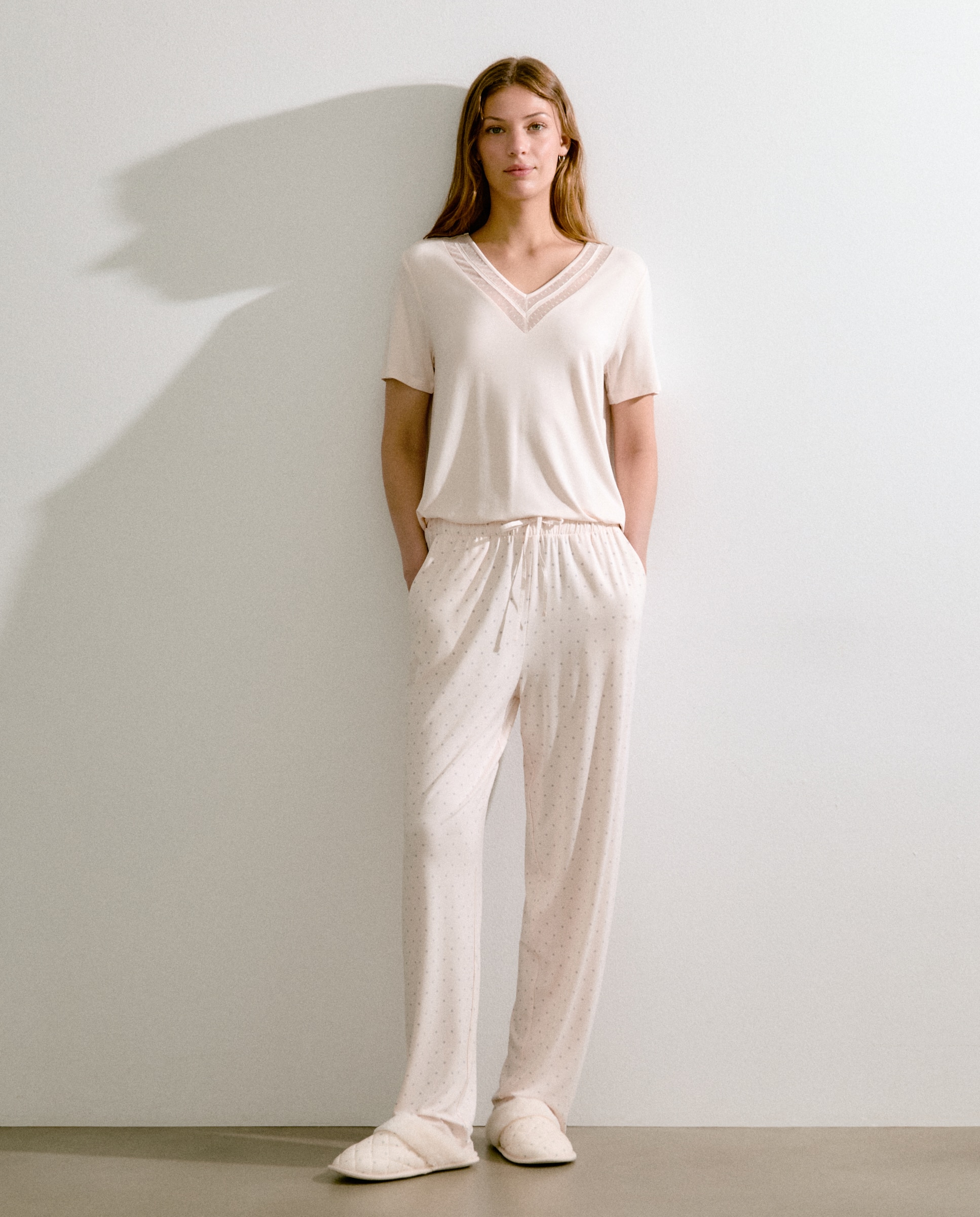 Calças Regular de Pijama às Bolinhas 120 Cru-1