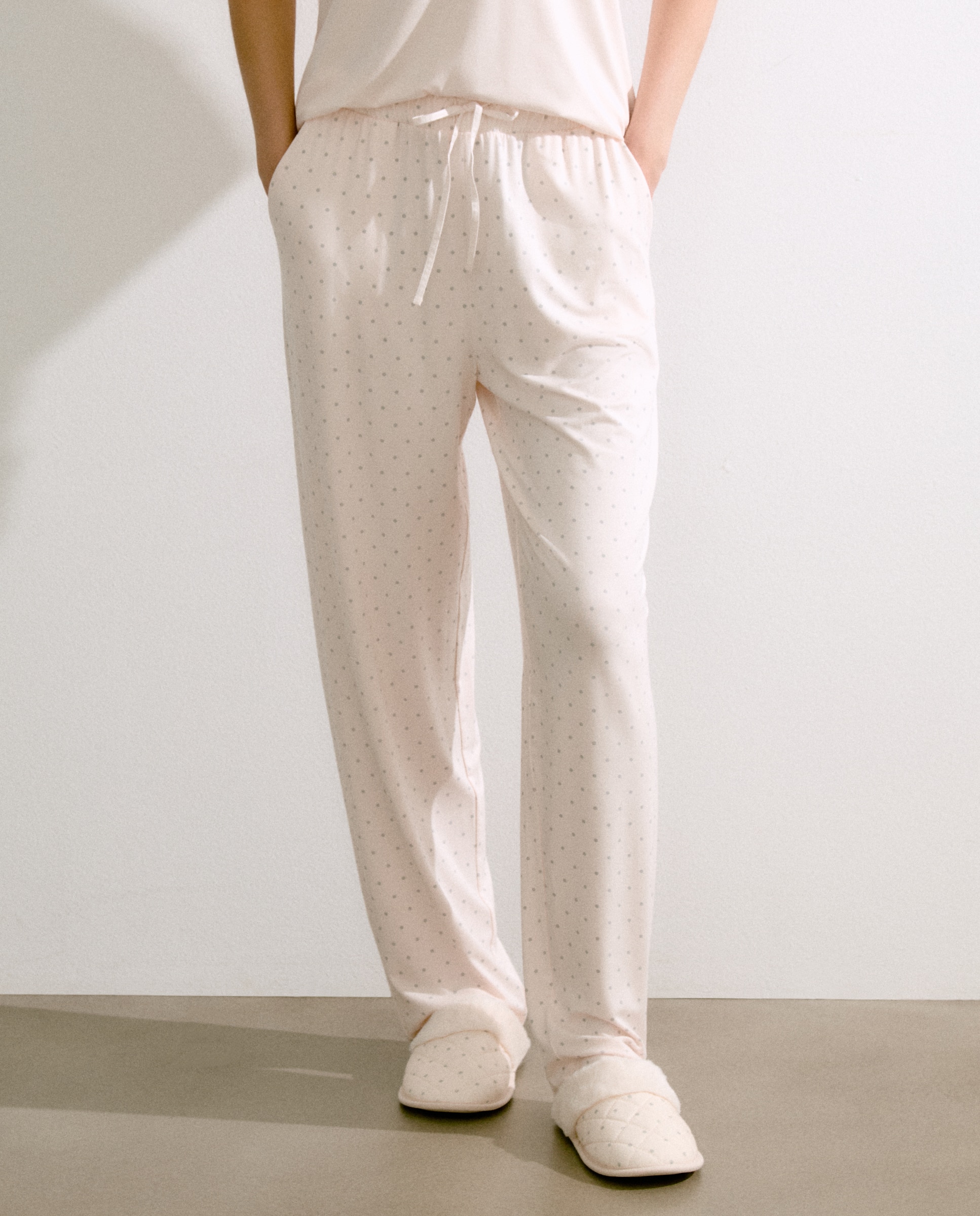 Calças Regular de Pijama às Bolinhas 120 Cru-2