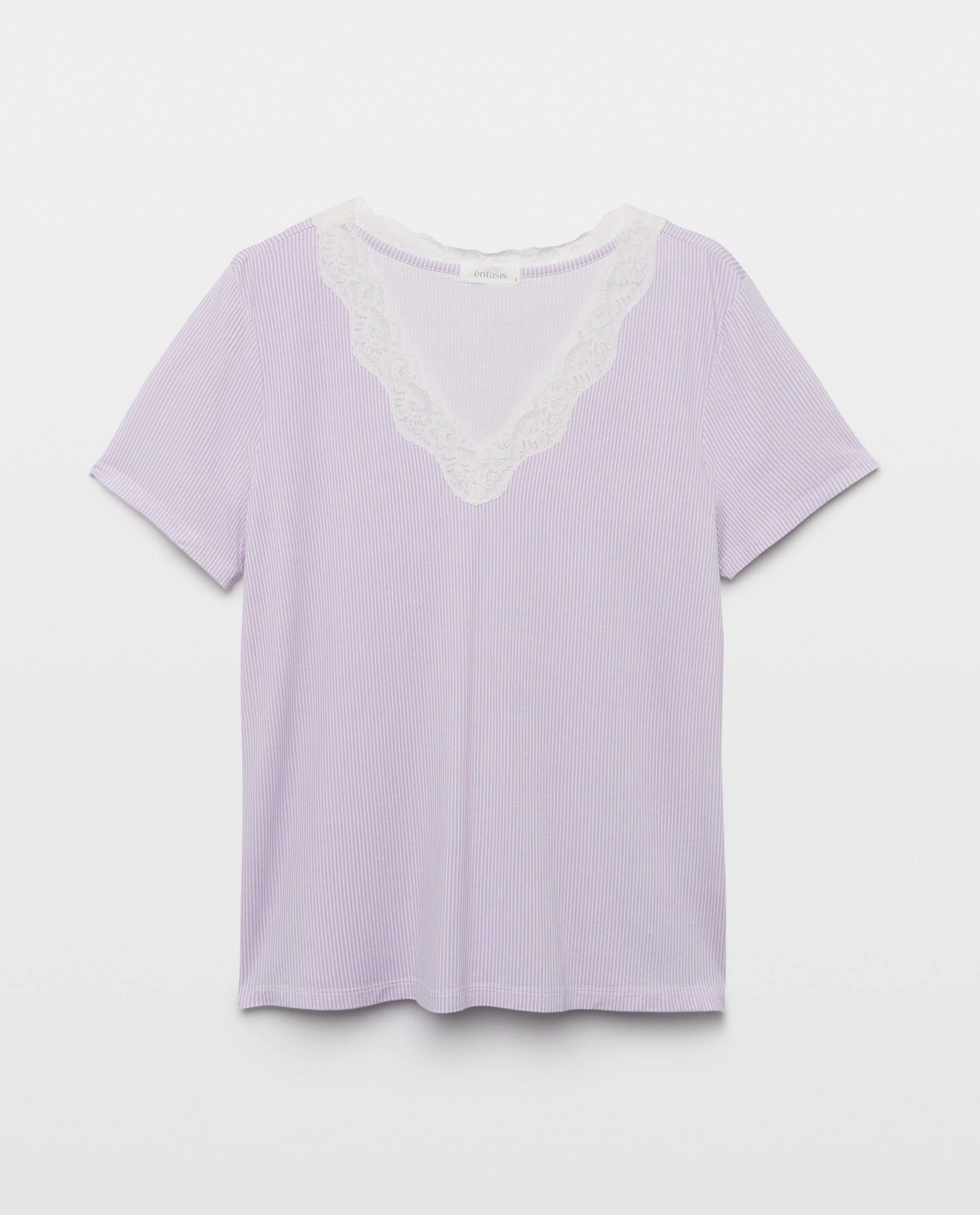 T-shirt de Decote com Renda e Estampado às Riscas Roxo-4