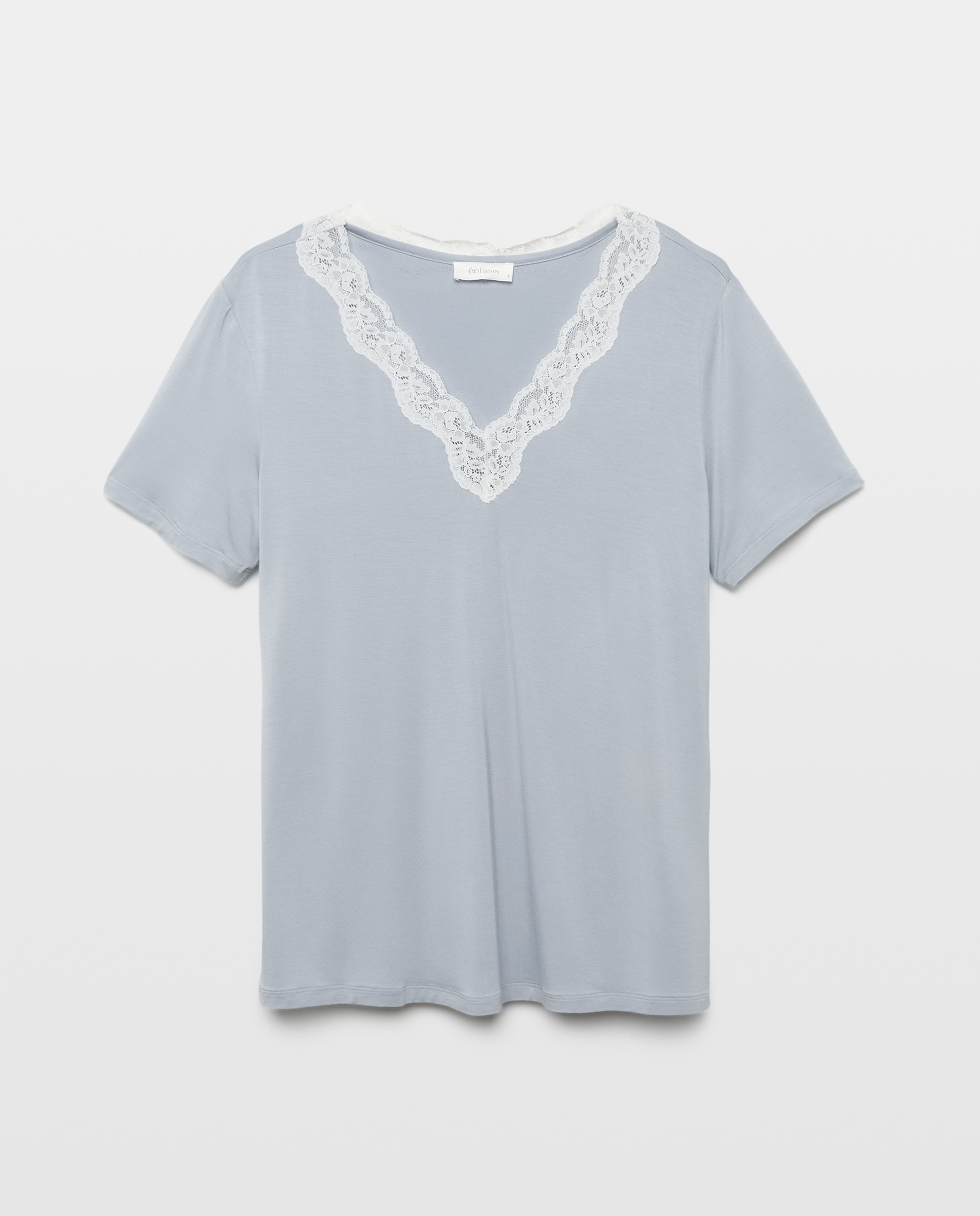 T-shirt Lisa com Decote com Renda Cinzento-claro-5