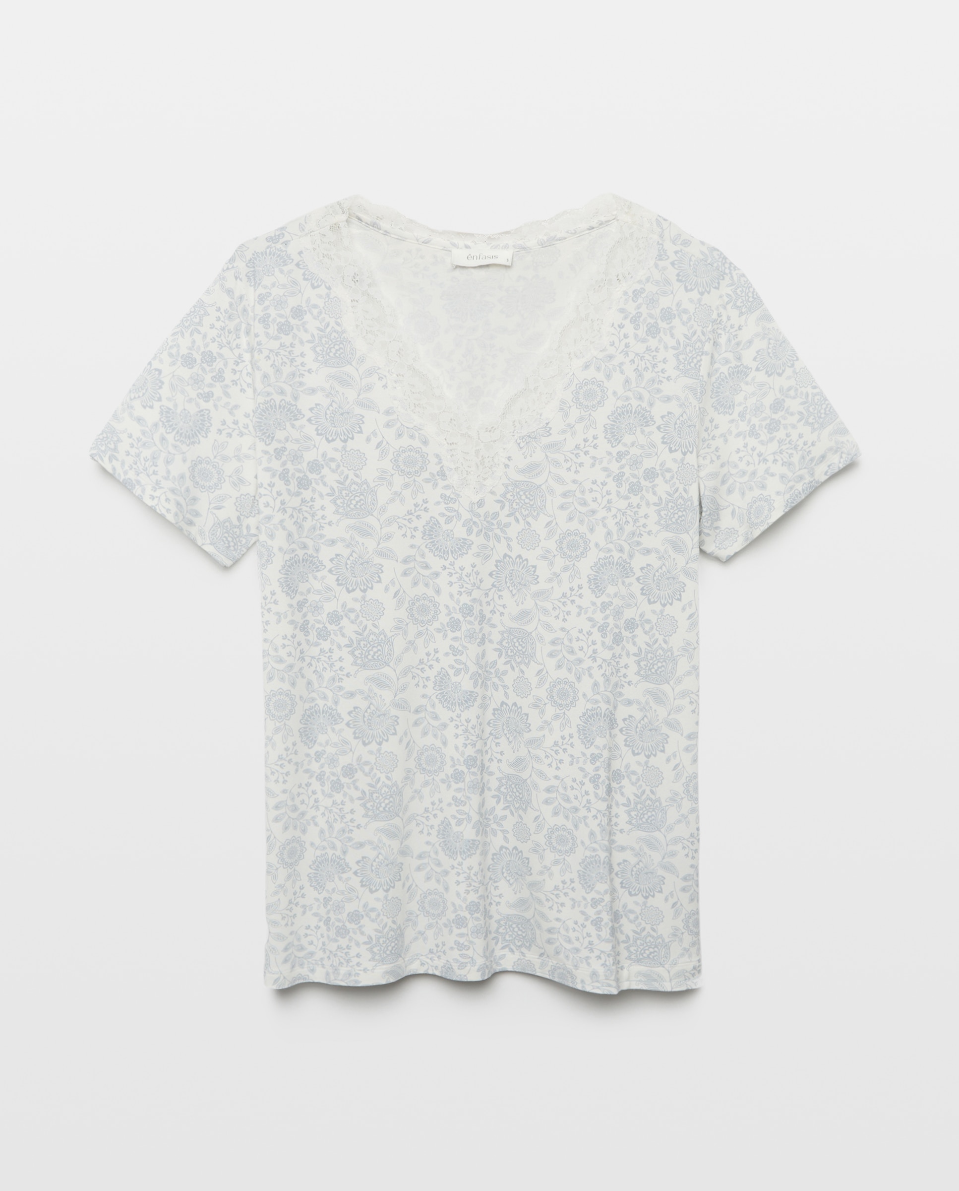 T-shirt de Decote com Renda e Estampado Branco-4