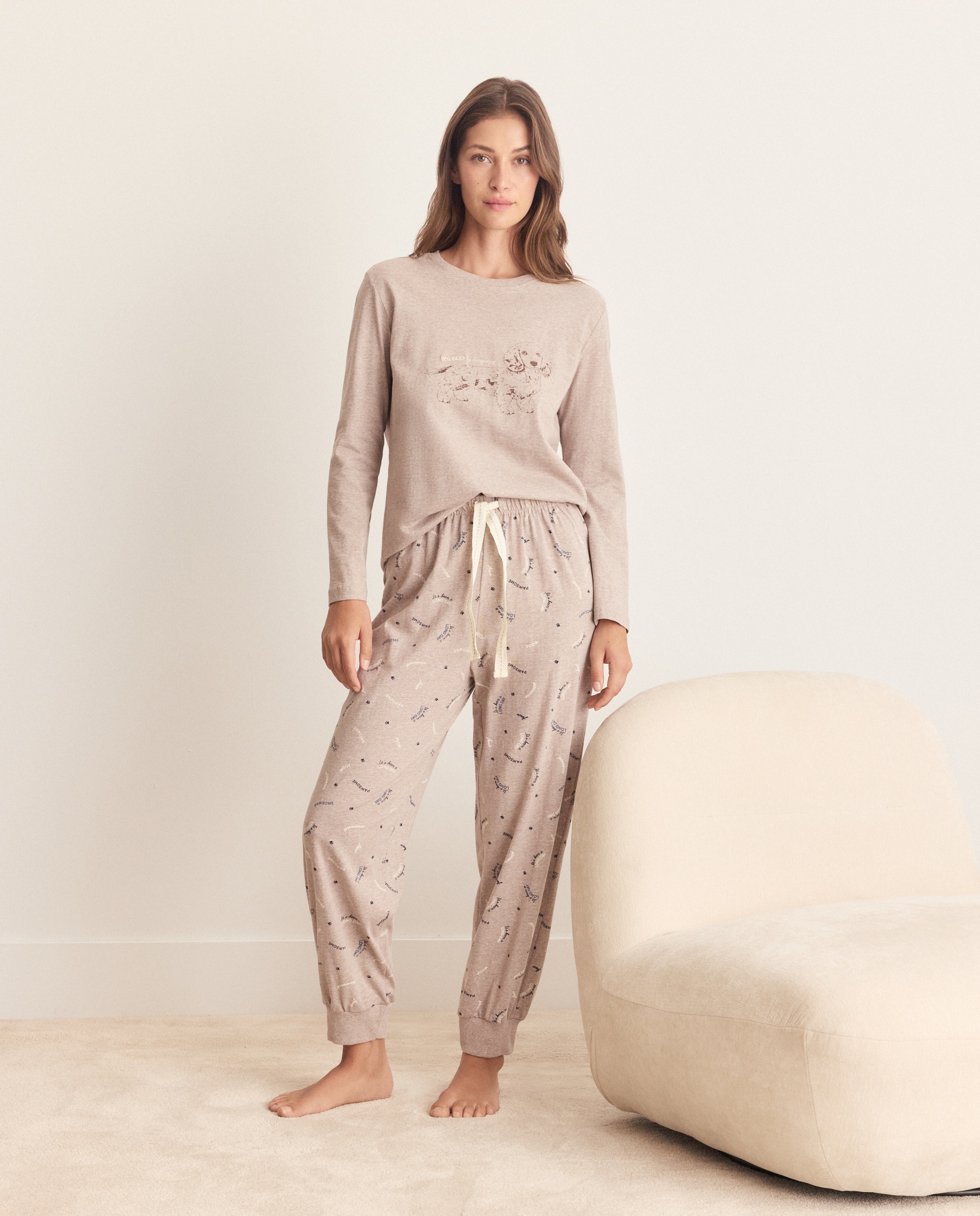 Camiseta pijama de mujer posicionado perro - Énfasis - Visón claro Visón claro-2