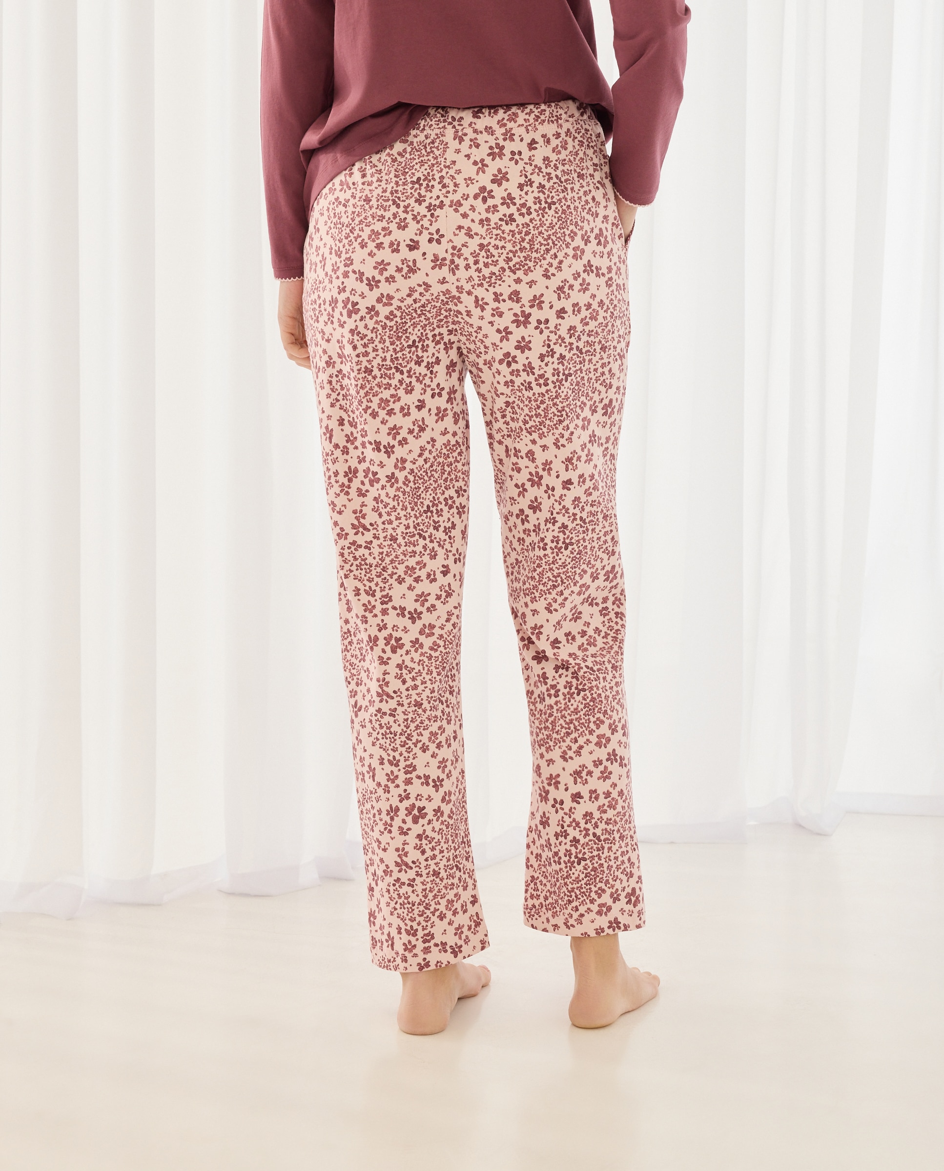 Calças de Pijama com Estampado Floral e Detalhes de Piconela Rosa-3