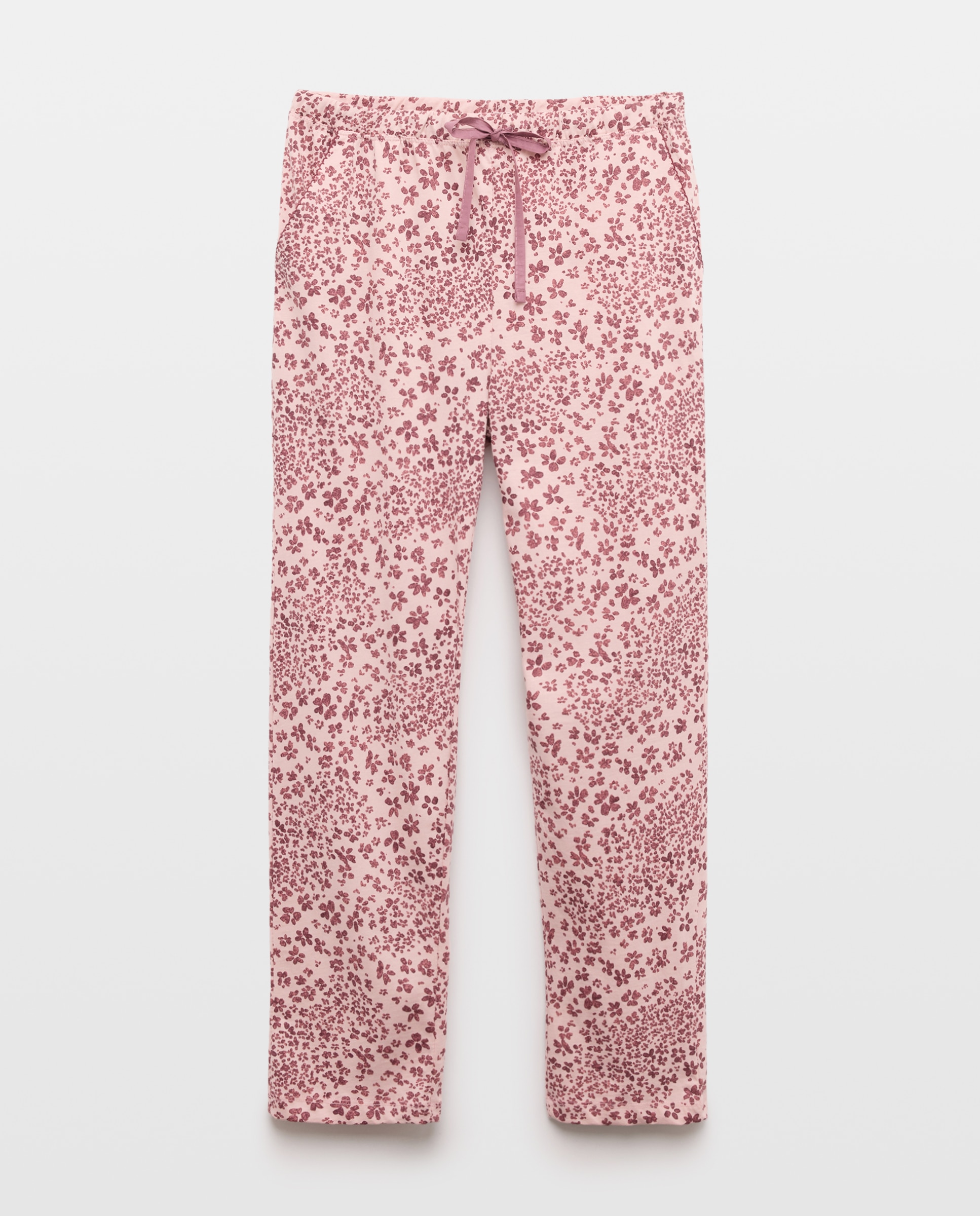Calças de Pijama com Estampado Floral e Detalhes de Piconela Rosa-4