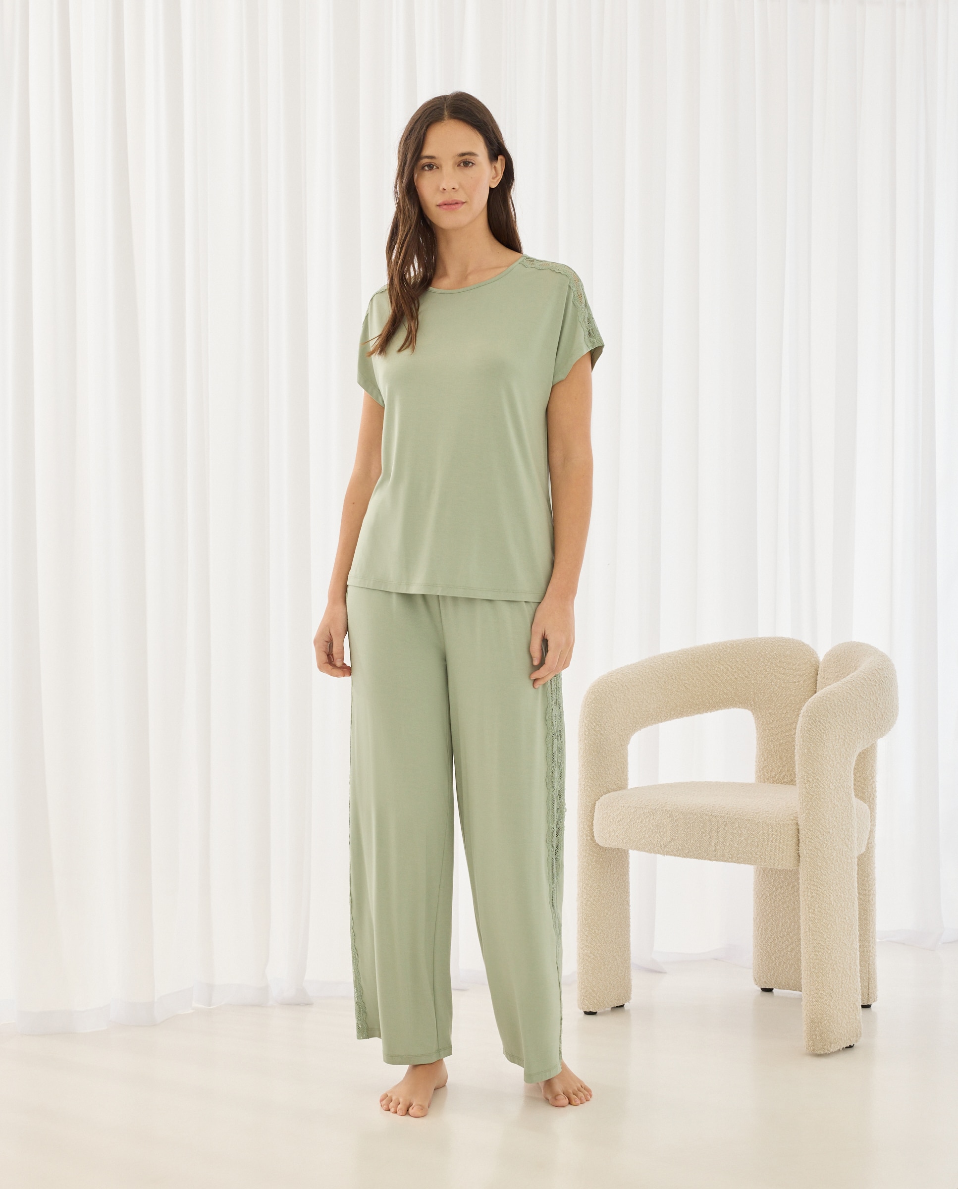 Pantalón de viscosa liso de mujer - Énfasis - Verde Verde-1