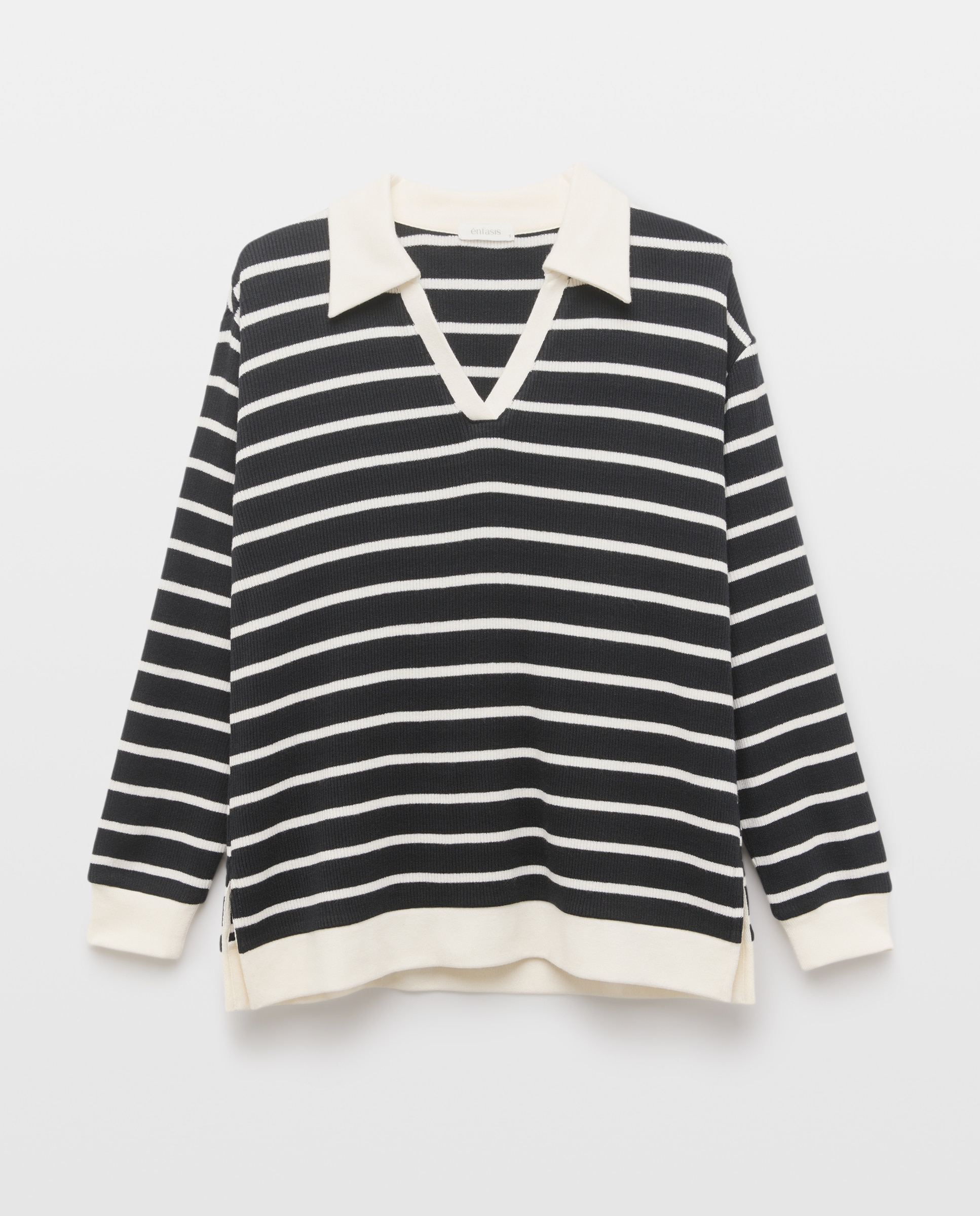 Camisola de Malha Tipo Polo às Riscas Preto-4