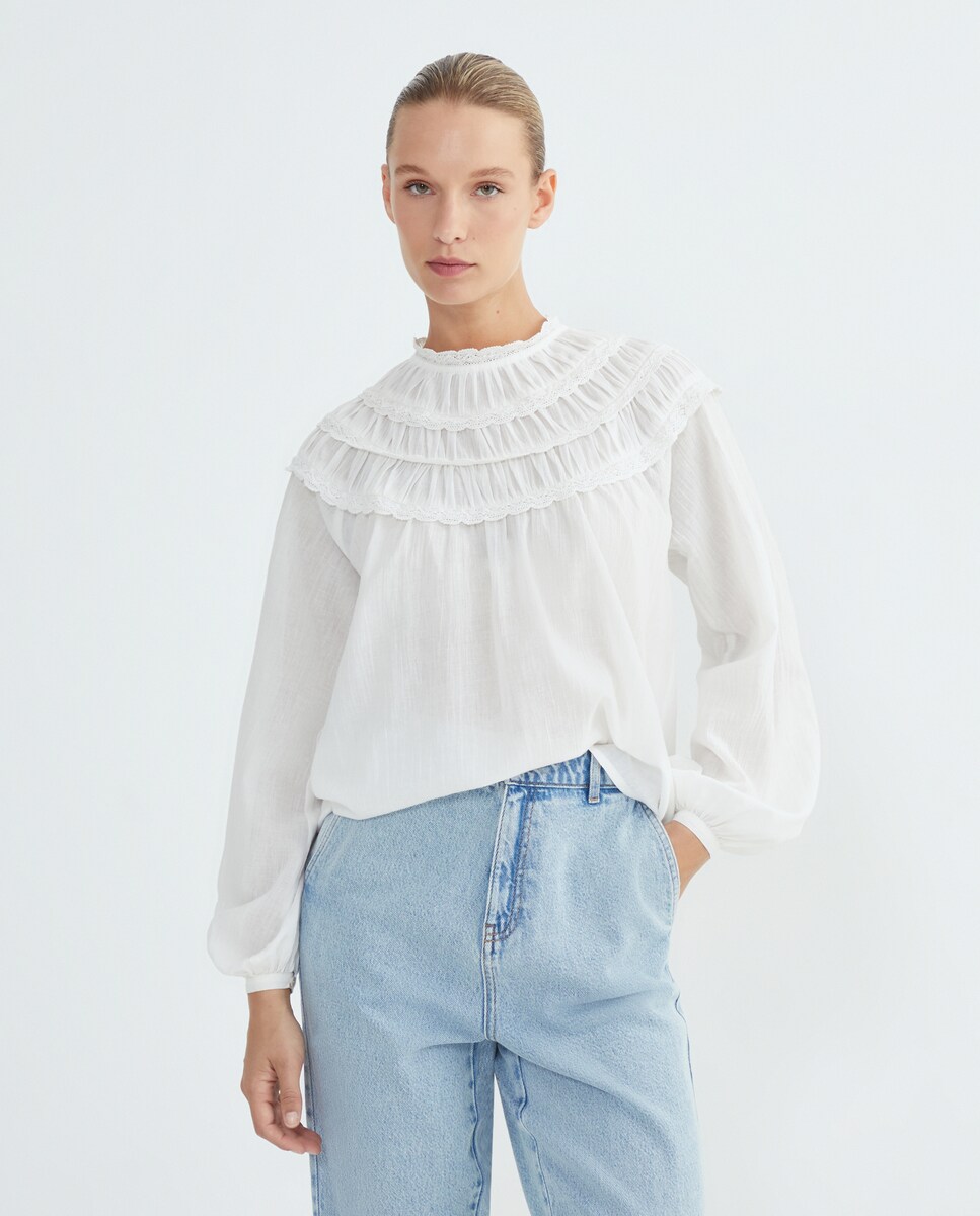 Blusa de mujer romántica con pechera de encaje XL Blanco roto