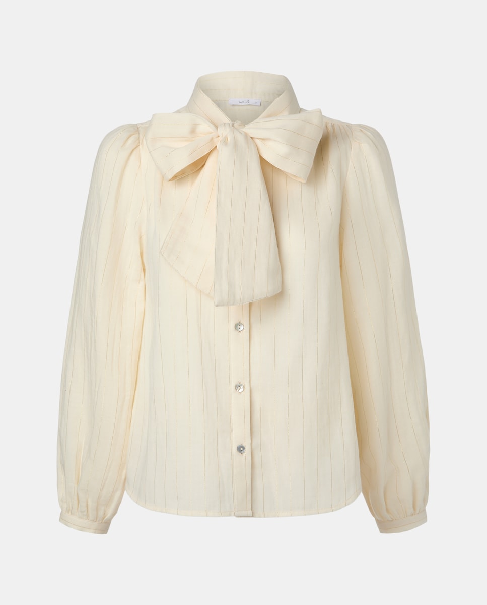 Blusa de mujer de lurex con lazada en cuello Blanco roto-4