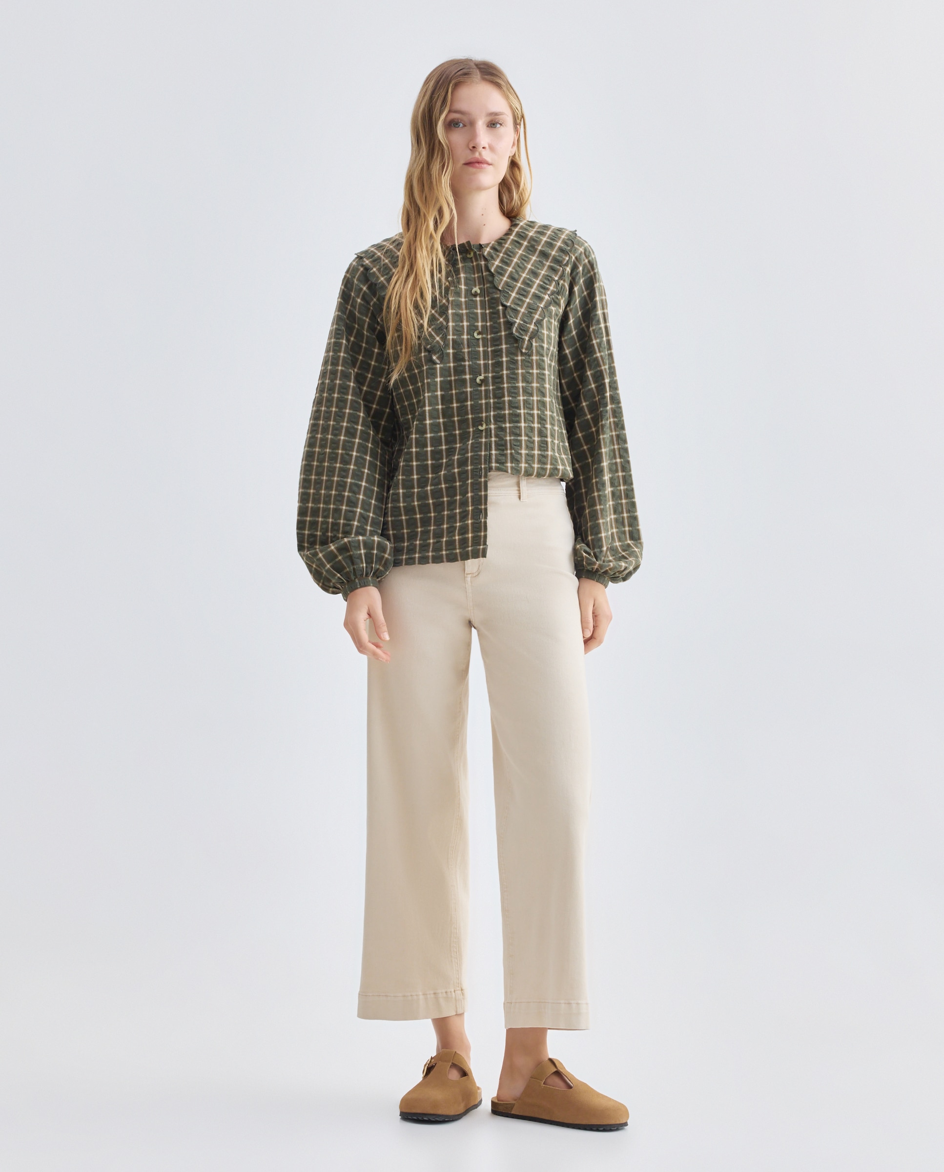 Blusa de mujer de cuadros con cuello Verde-2