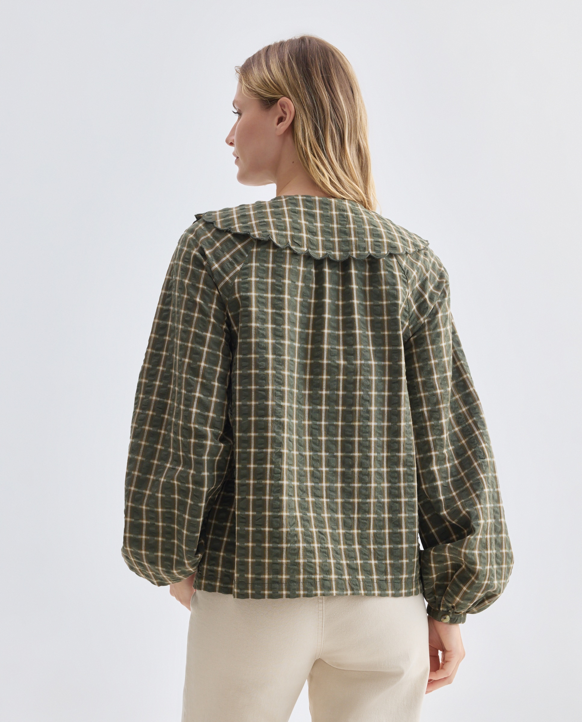 Blusa de mujer de cuadros con cuello Verde-3