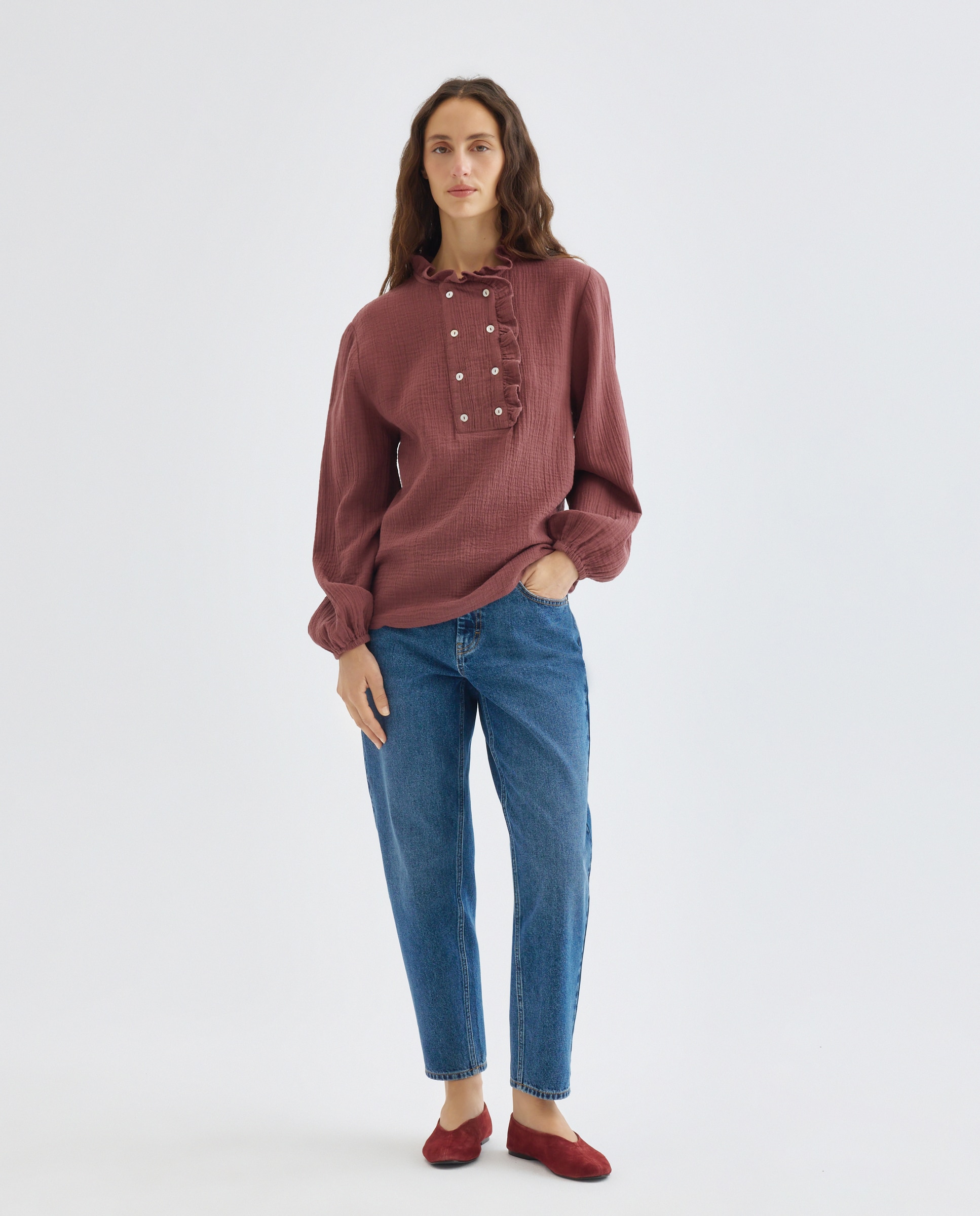 Blusa de mujer de algodón con volante Morado-2