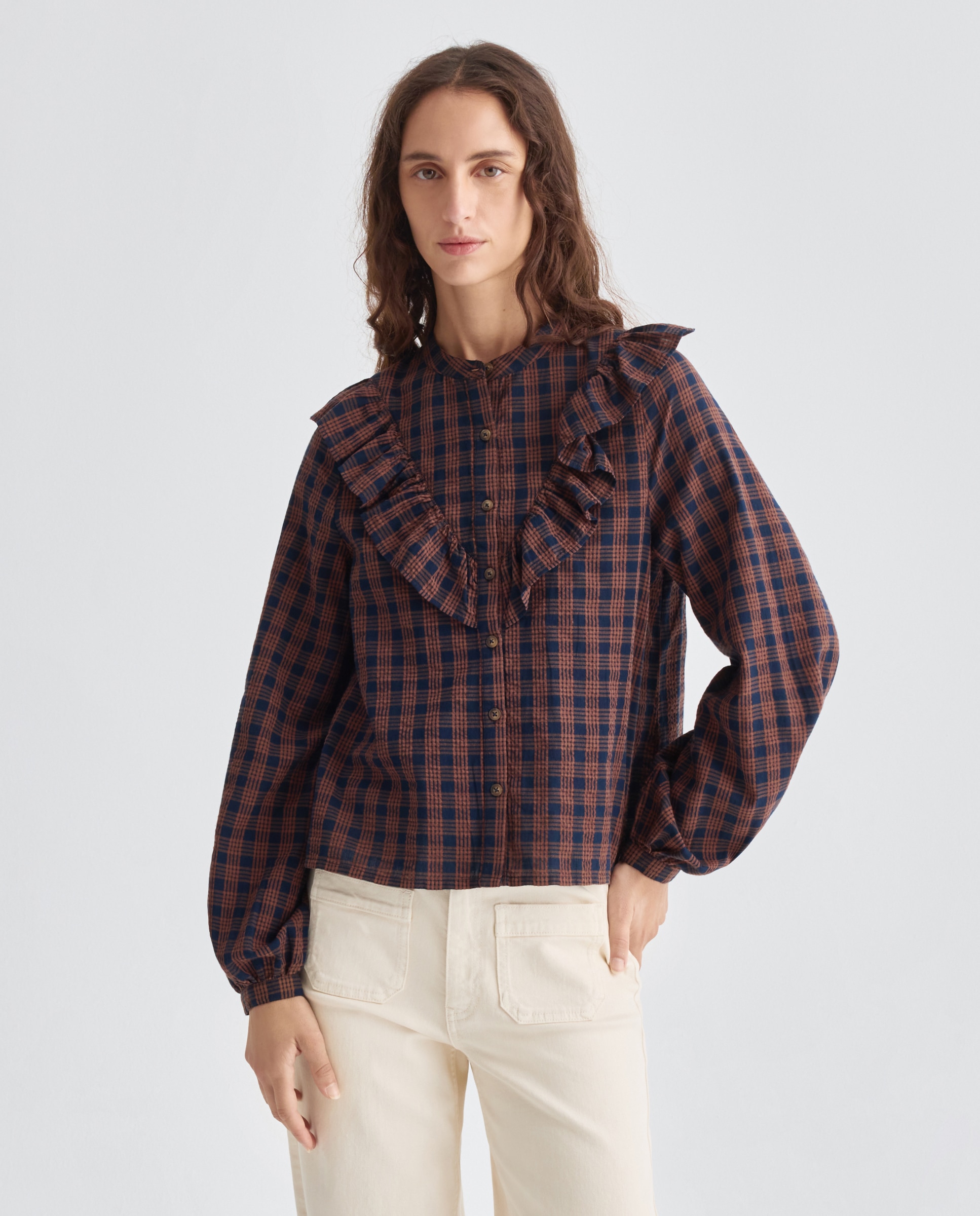 Blusa de mujer de cuadros con volantes Marrón-1