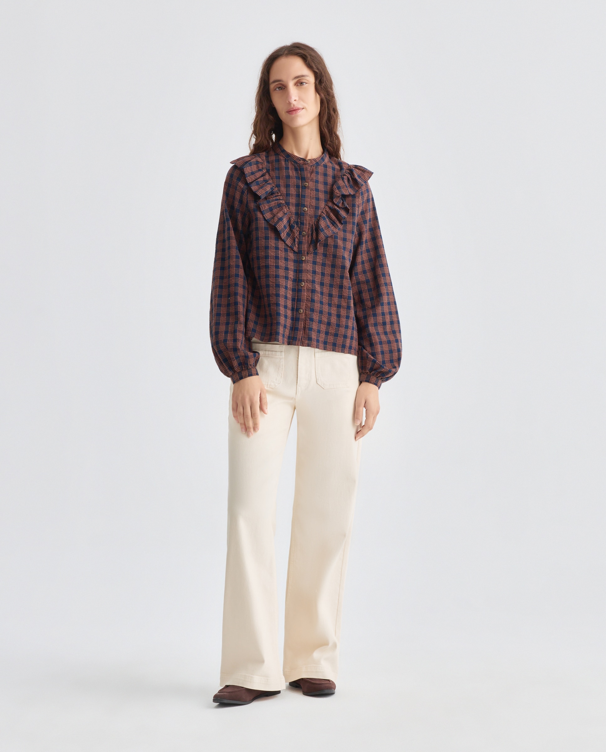 Blusa de mujer de cuadros con volantes Marrón-2