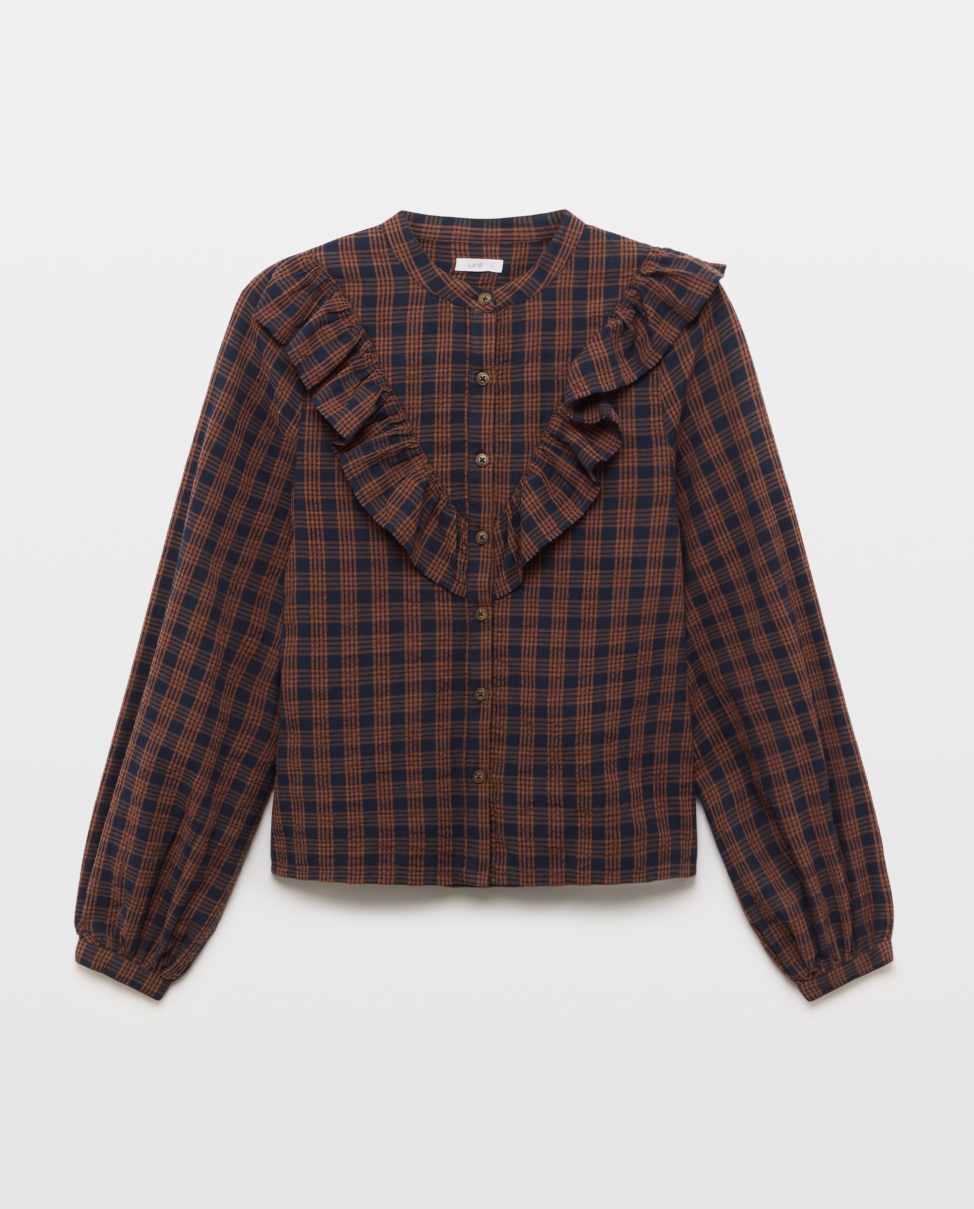 Blusa de mujer de cuadros con volantes Marrón-4