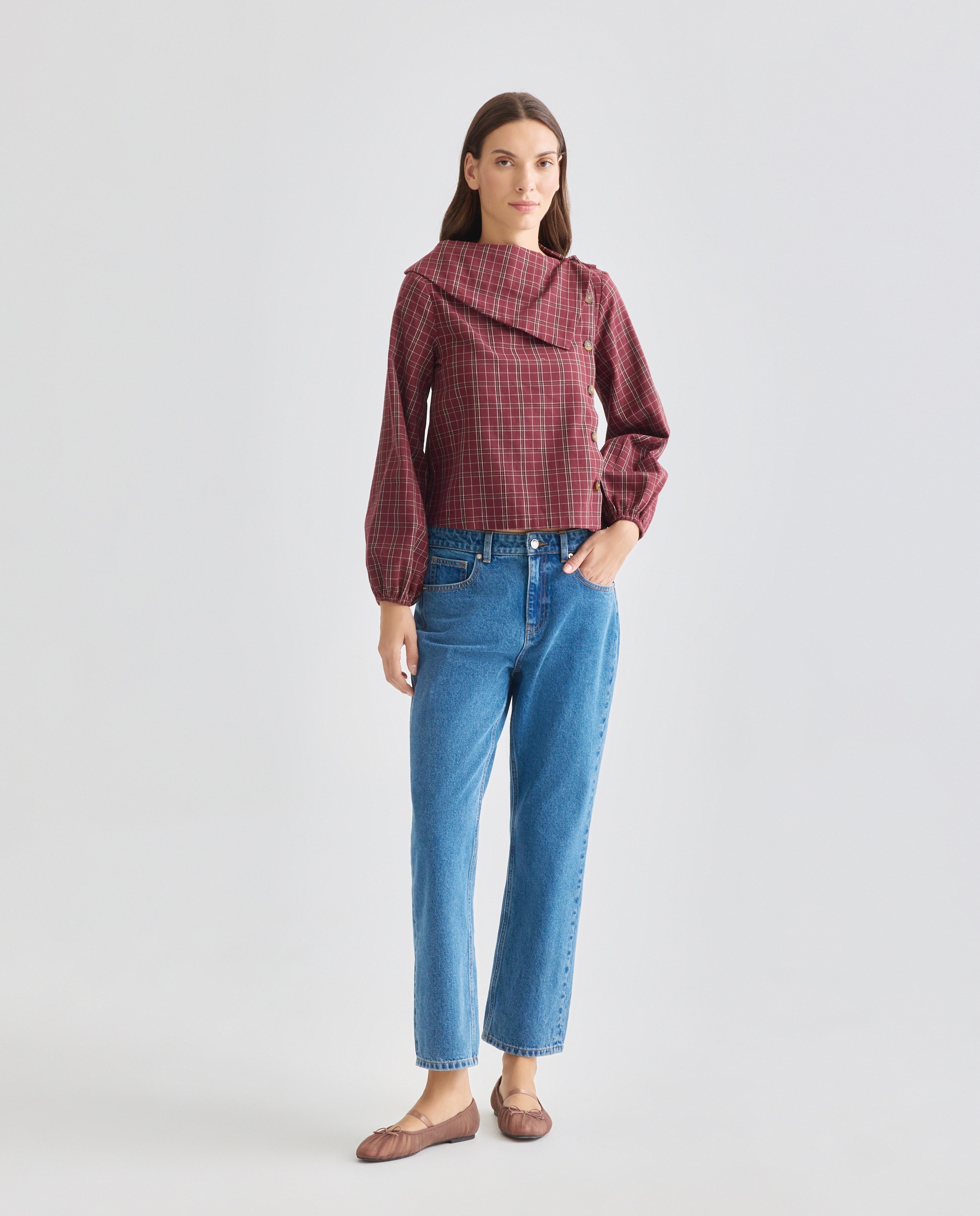 Blusa de mujer de cuadros detalle cuello total look Rojo-2