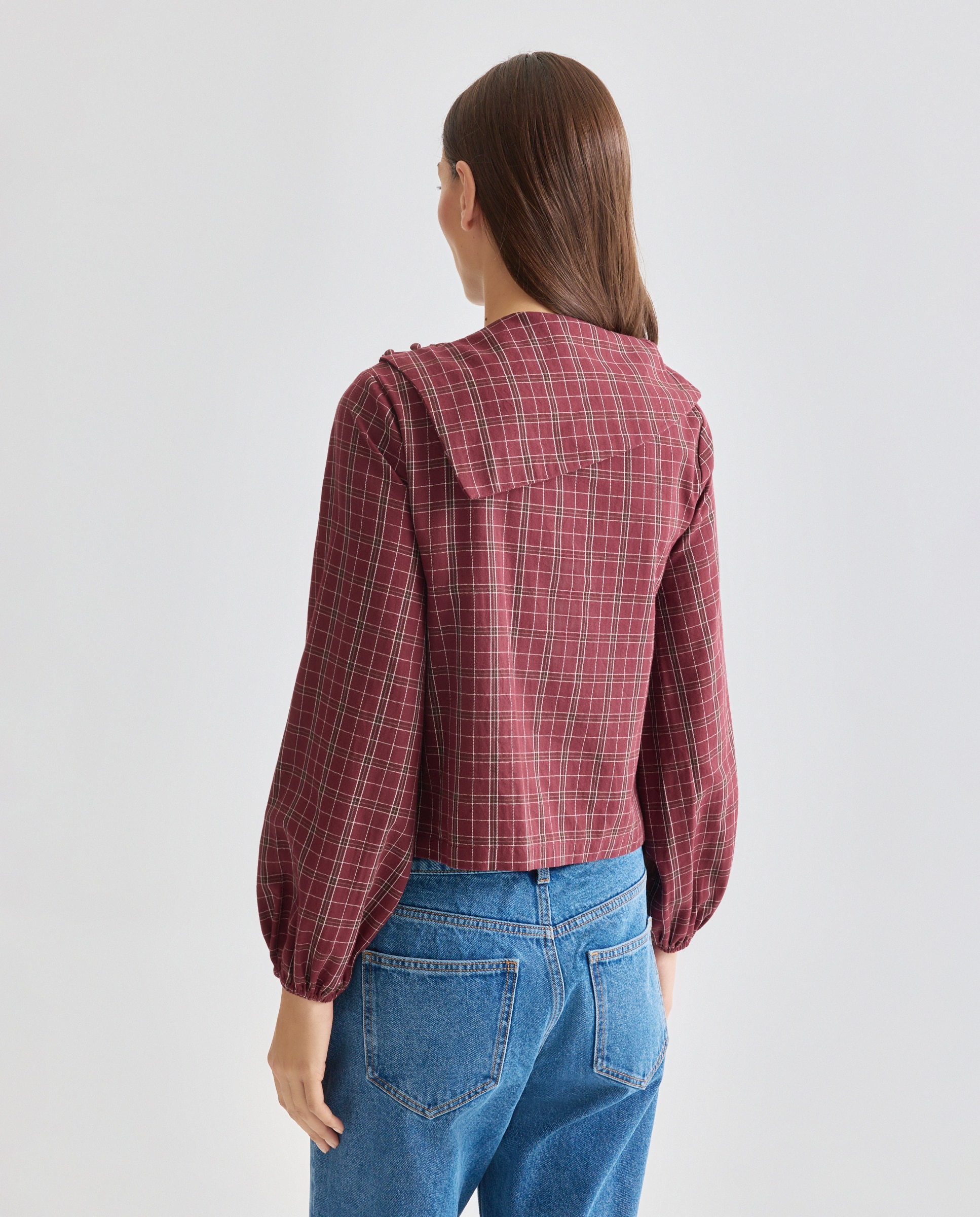 Blusa de mujer de cuadros detalle cuello total look Rojo-3