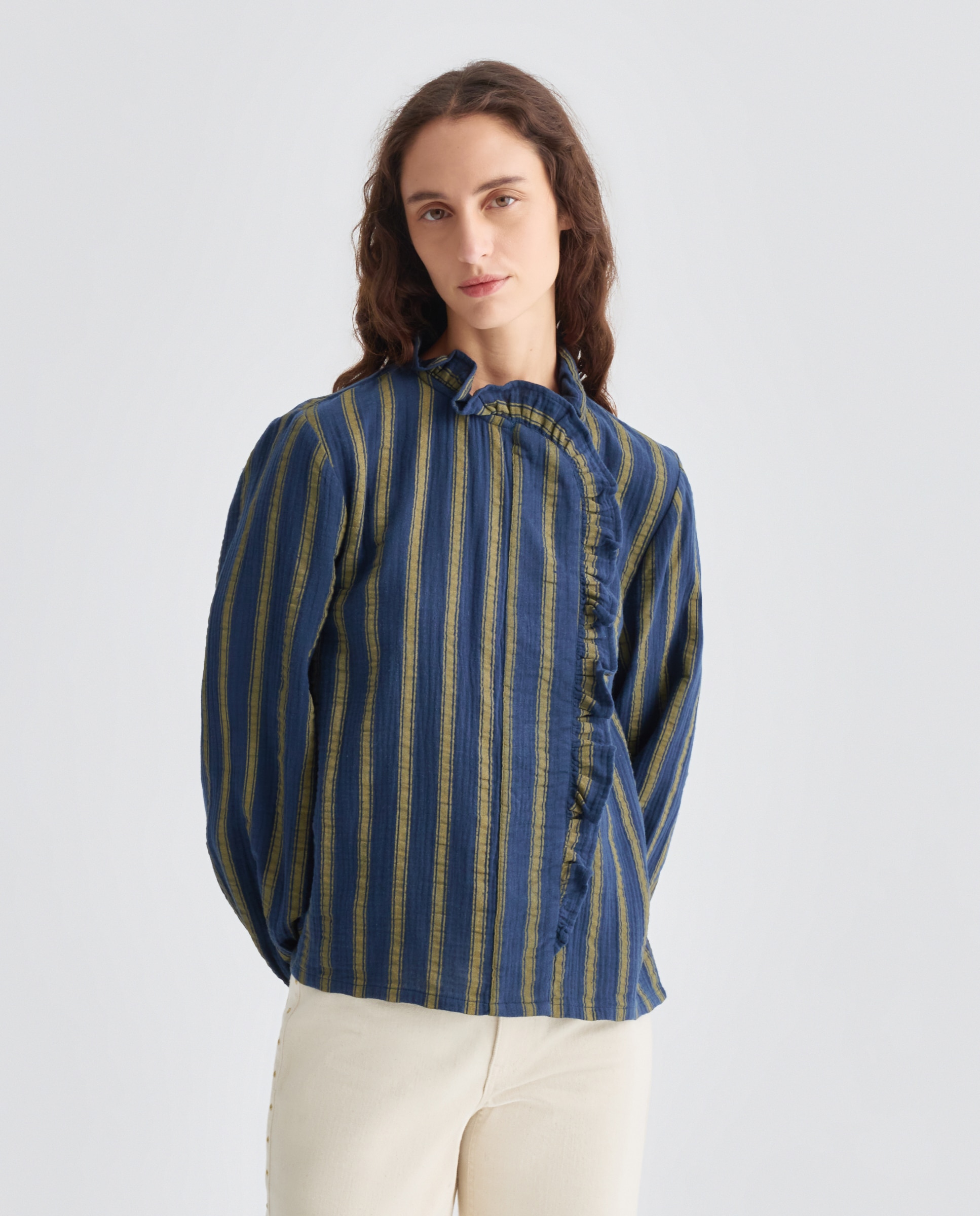 Blusa de mujer de algodón con volante Rosa-1
