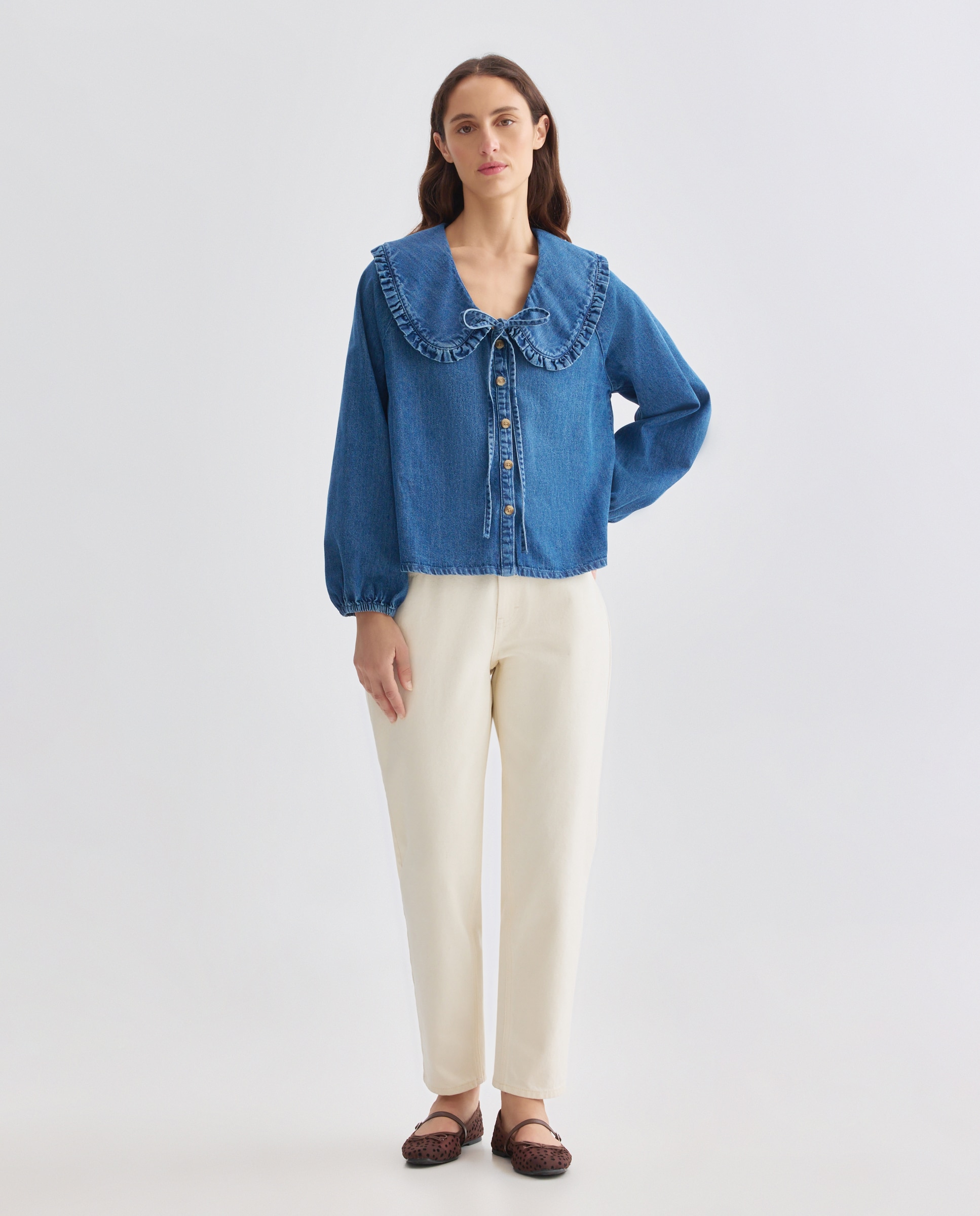 Blusa de mujer denim con cuello bobo Azul pálido-2