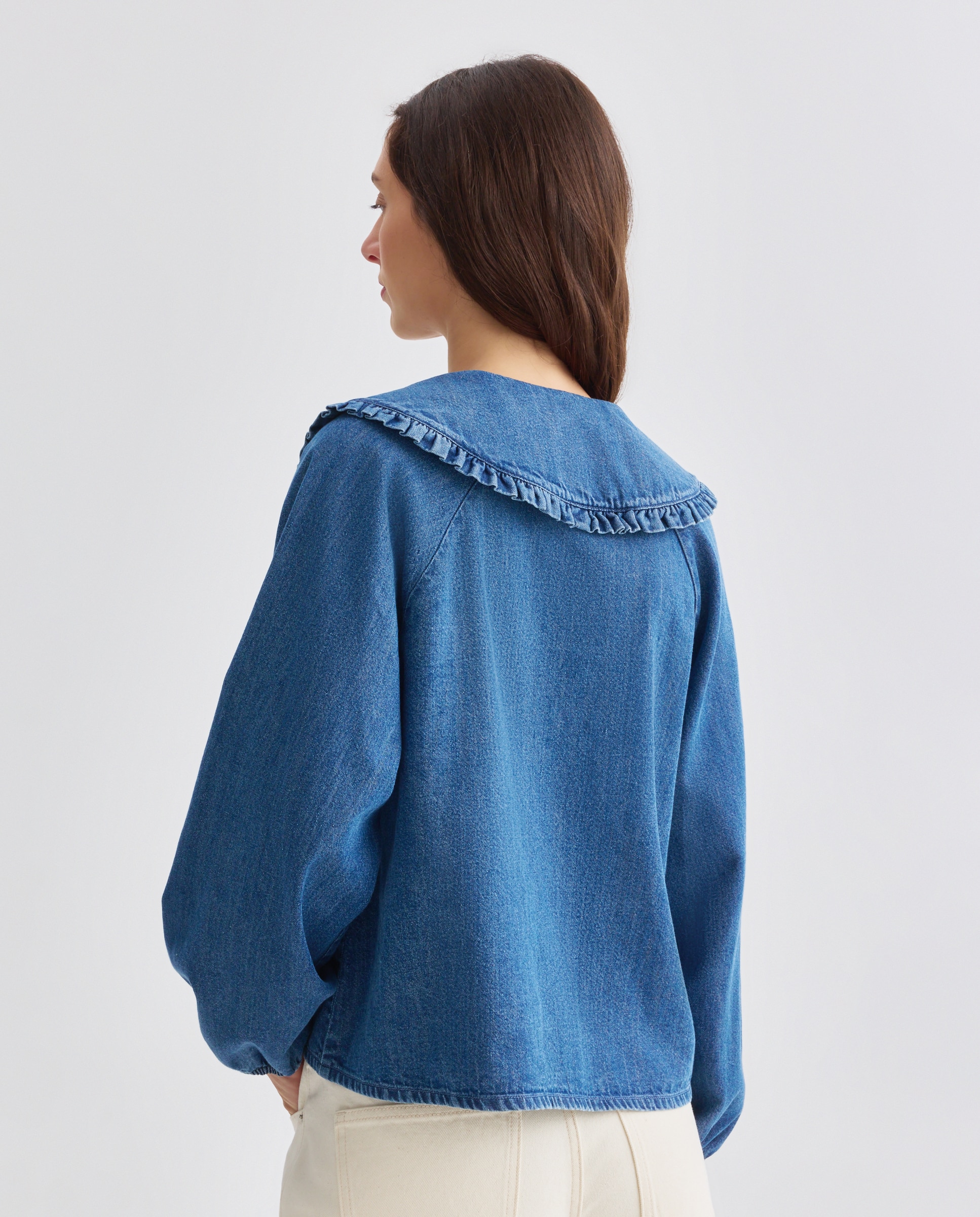 Blusa de mujer denim con cuello bobo Azul pálido-3