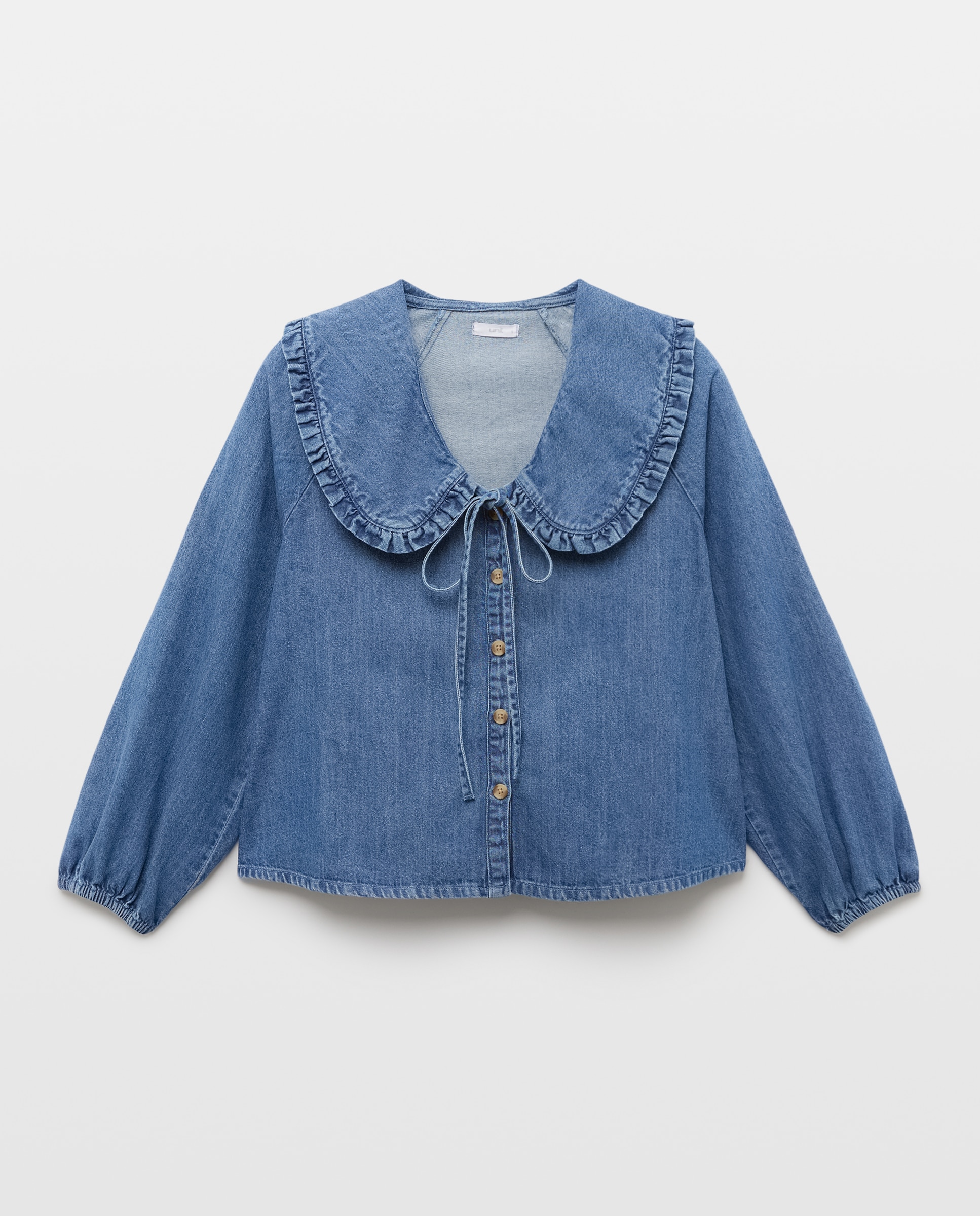 Blusa de mujer denim con cuello bobo Azul pálido-4