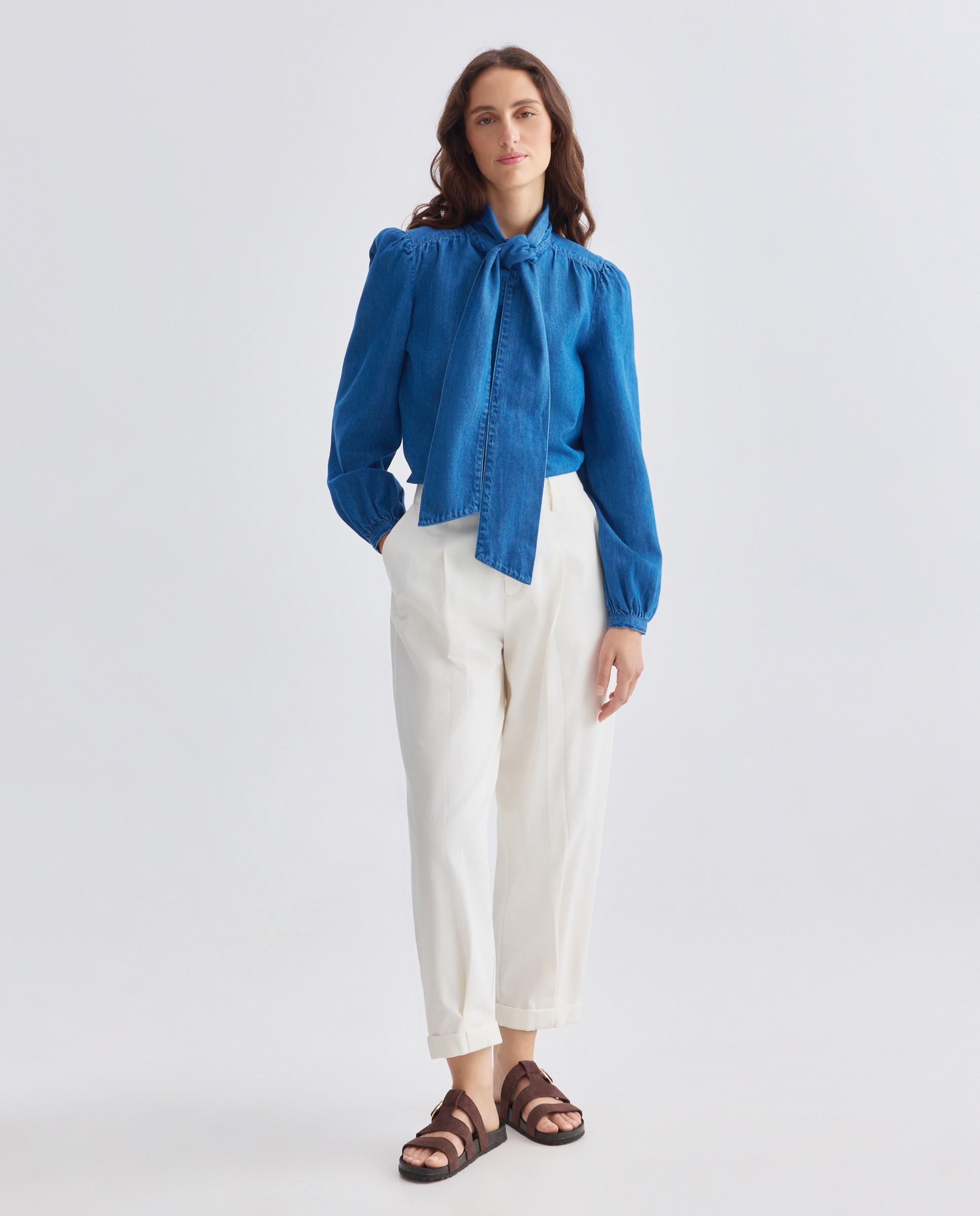 Blusa de mujer denim con lazada Azul pálido-2