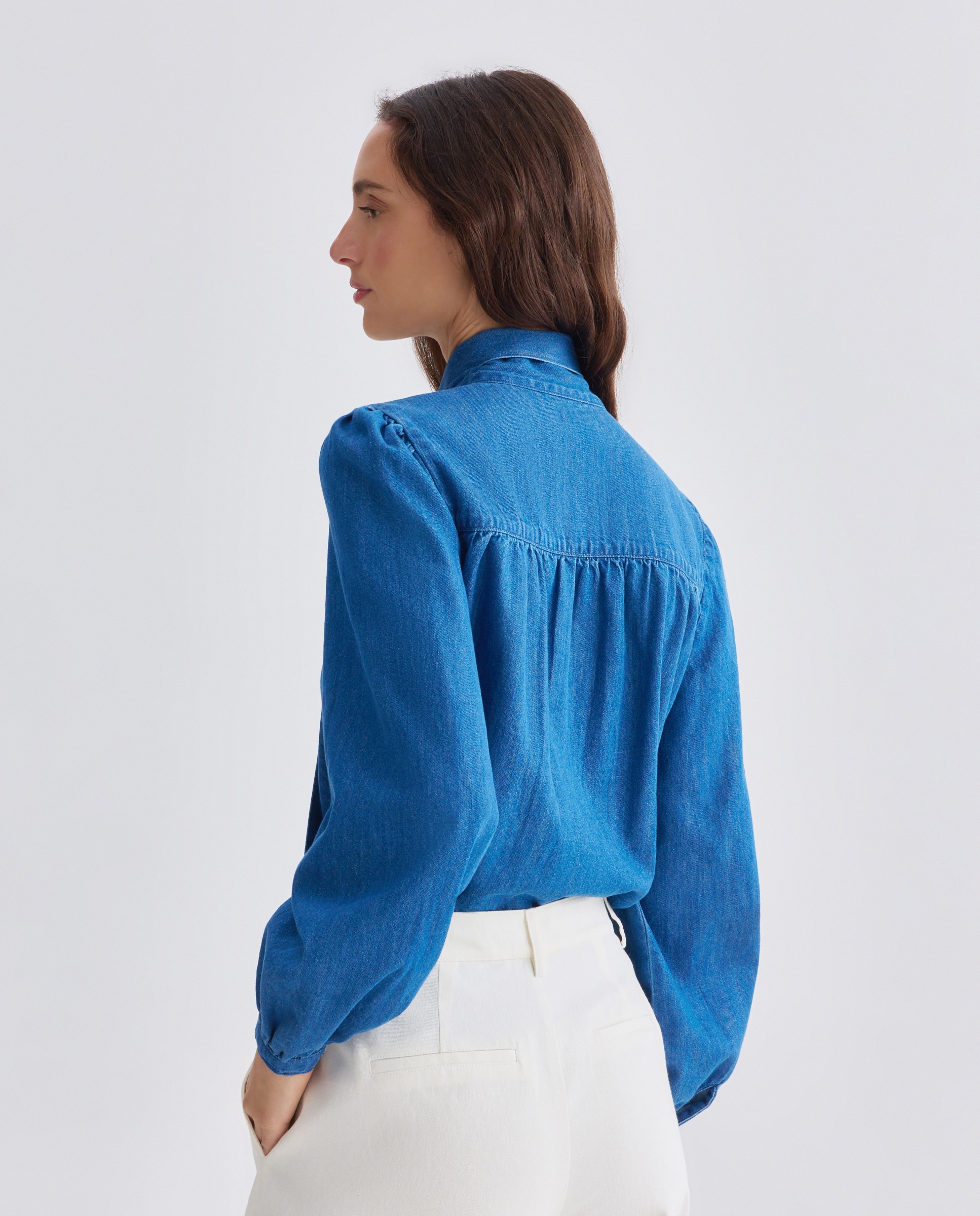 Blusa de mujer denim con lazada Azul pálido-3