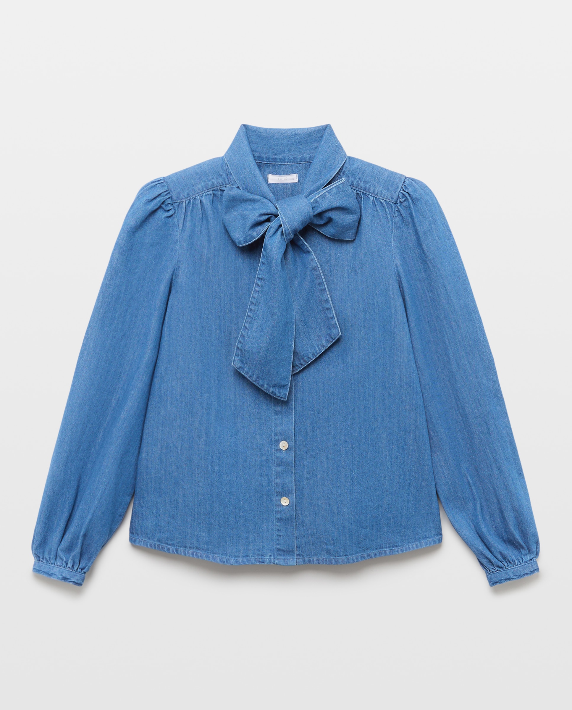 Blusa de mujer denim con lazada Azul pálido-4