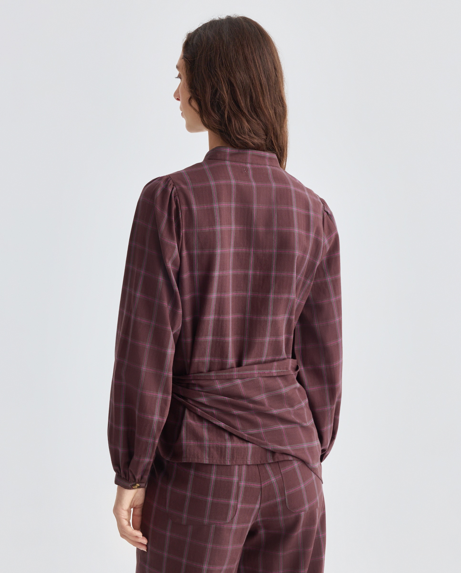 Blusa de mujer de cuadros lazada cintura total look Marrón-3