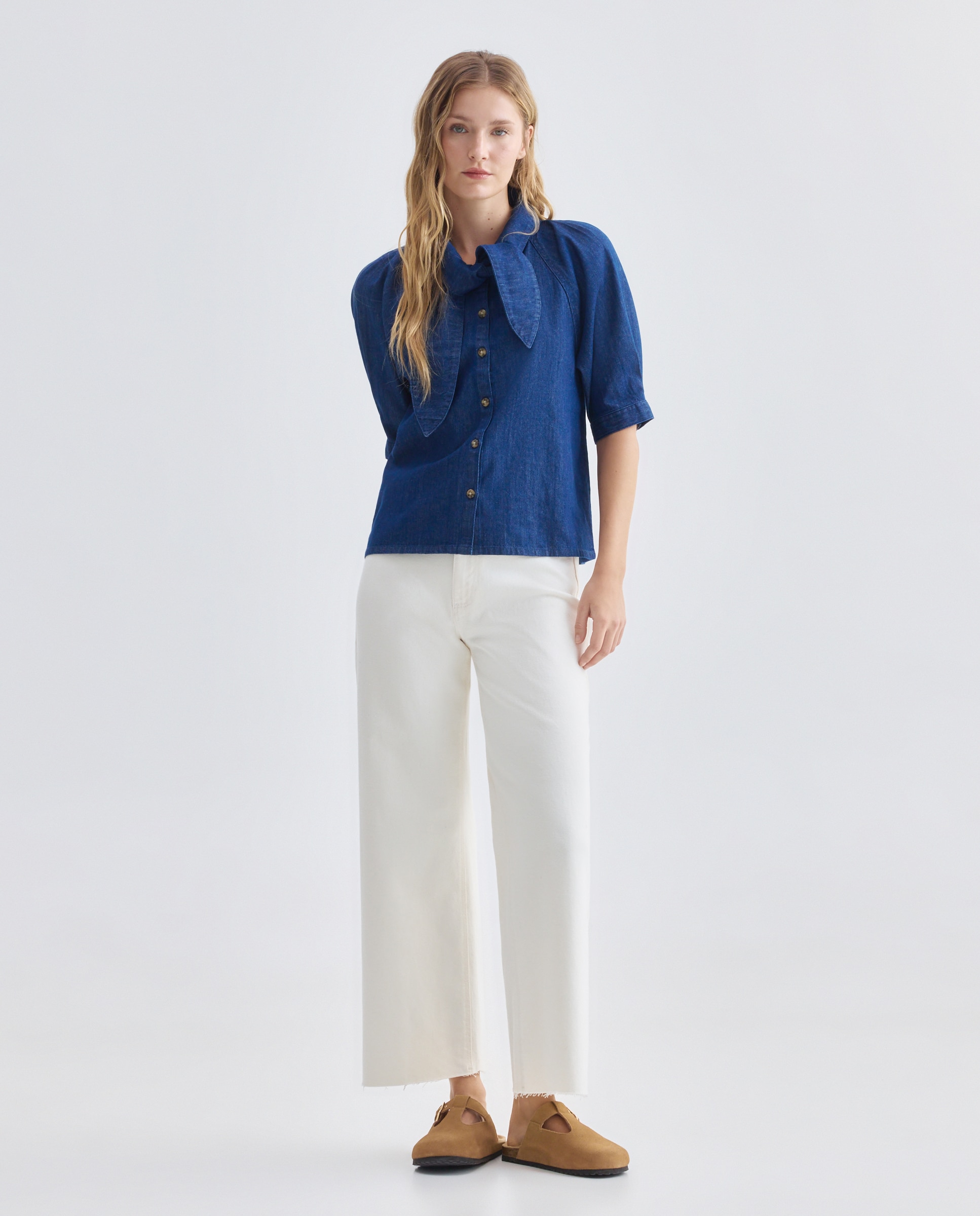 Blusa de mujer denim lazada total look Azul pálido-2
