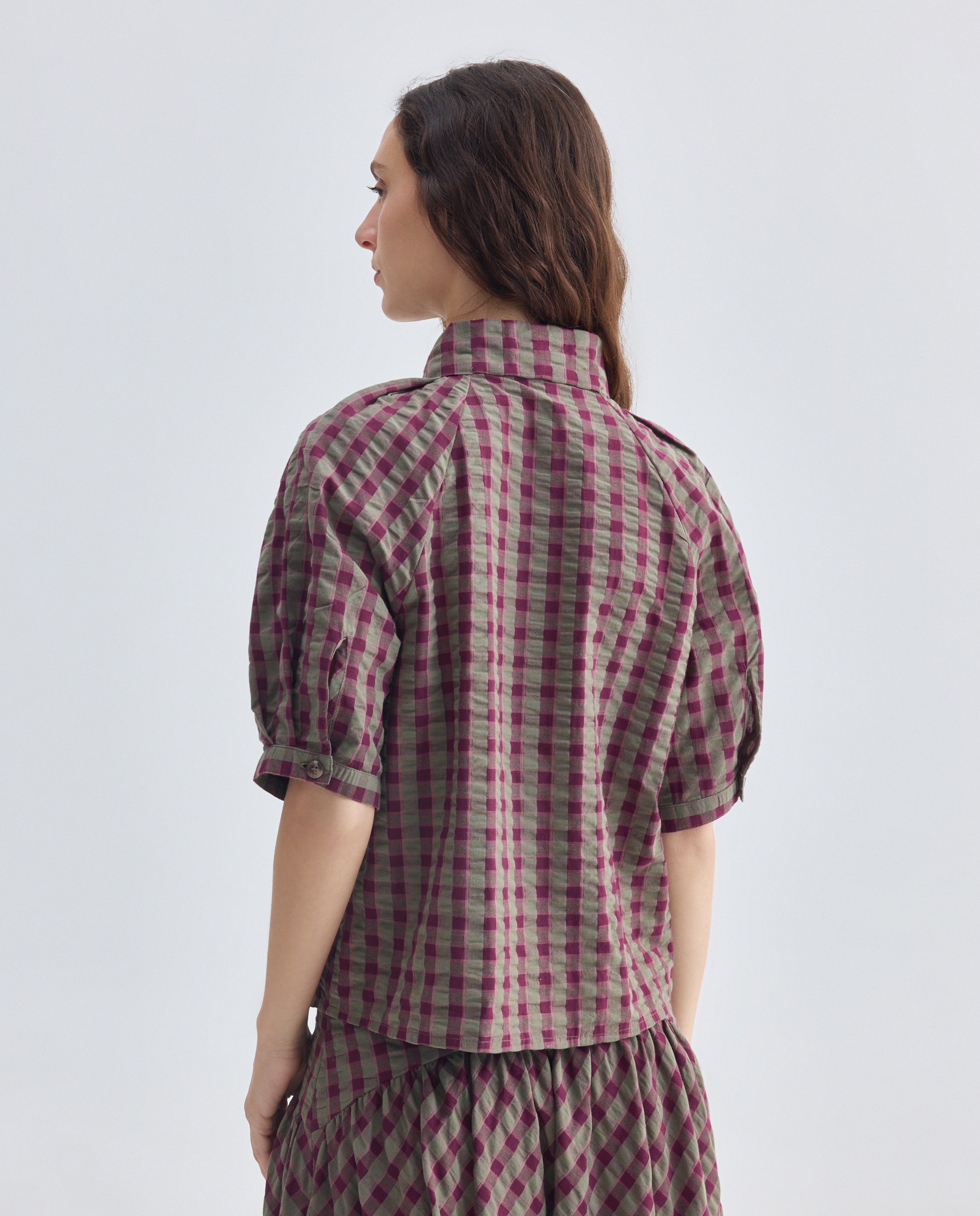 Blusa de mujer cuello lazada de cuadros total look 3