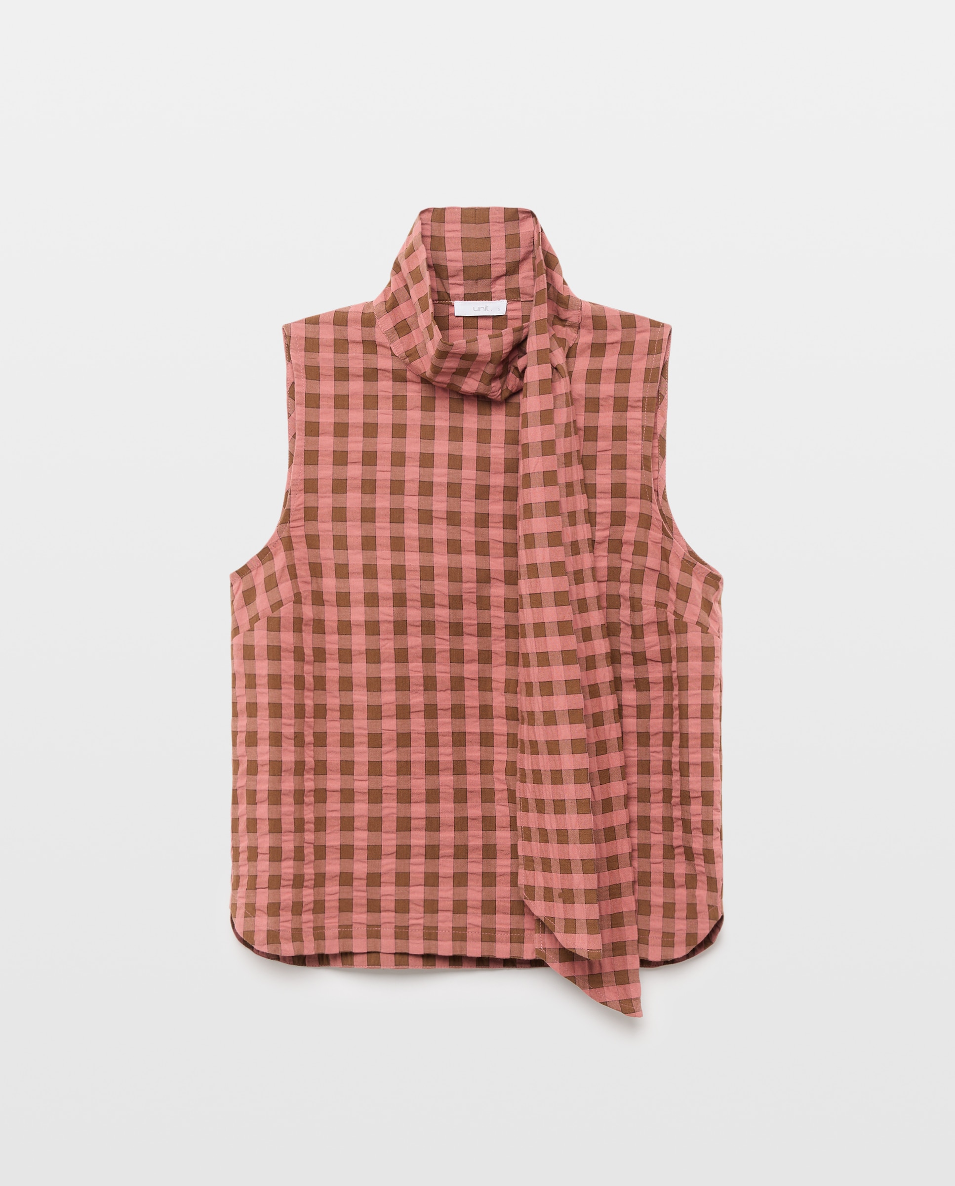 Blusa de mujer sin mangas lazada cuello de cuadros total look Marrón-4