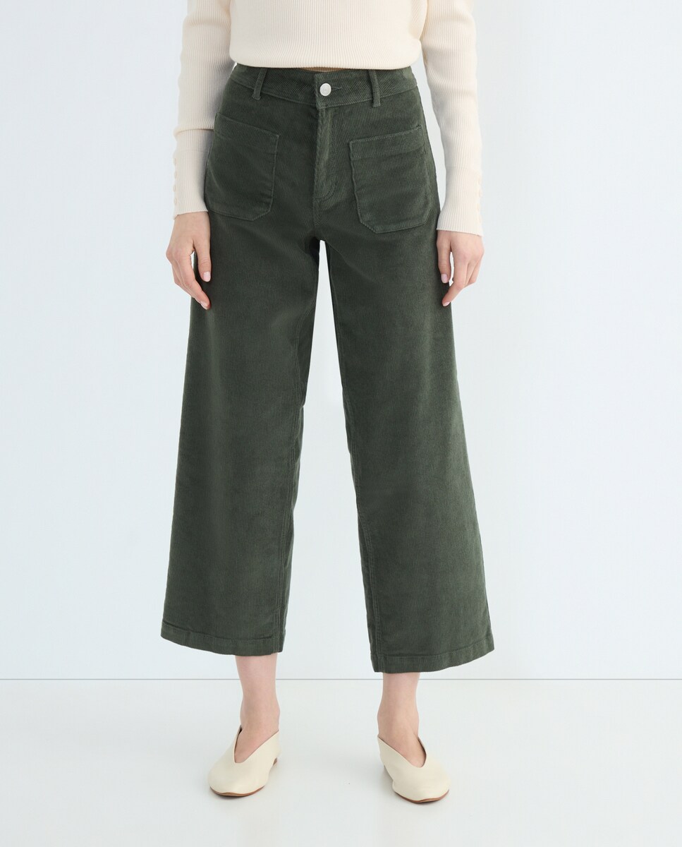 Pantalón flare de pana de mujer con bolsillos Verde-2