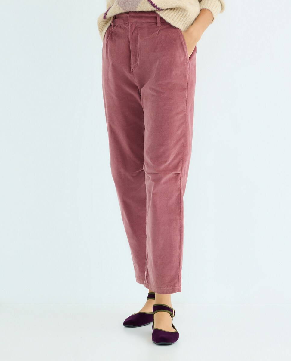 Pantalón barrel de pana lisa de mujer combinado 200 Rosa-2