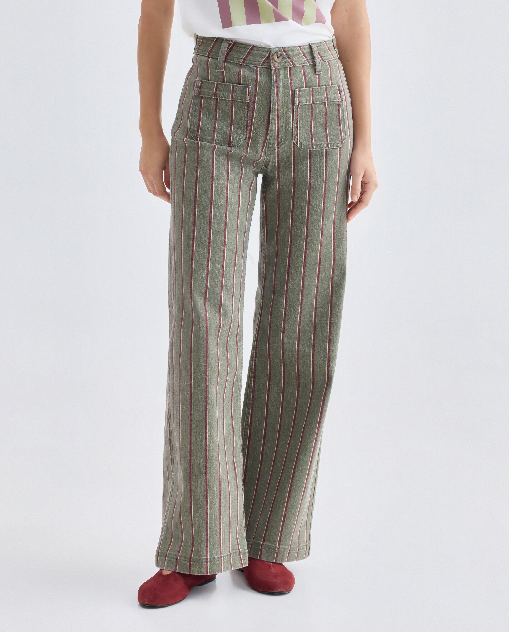 Pantalón de mujer wide-leg con bolsillos de rayas Verde-2