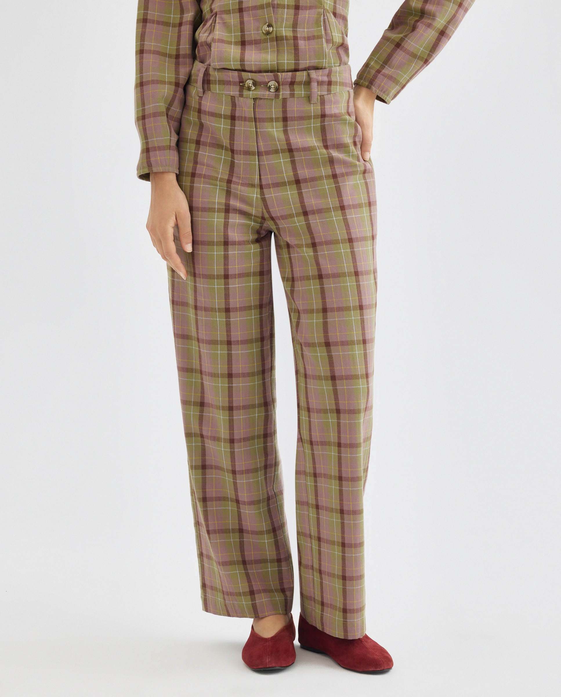 Pantalón de mujer de cuadros recto total look Rosa-2